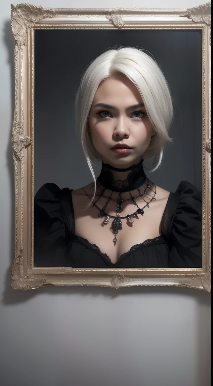 Design a mysterious and haunting portrait of the Malay woman in a Victorian-era gown, white hair, surrounded by eerie, fog-shrouded ruins, creating an atmosphere of Gothic horror