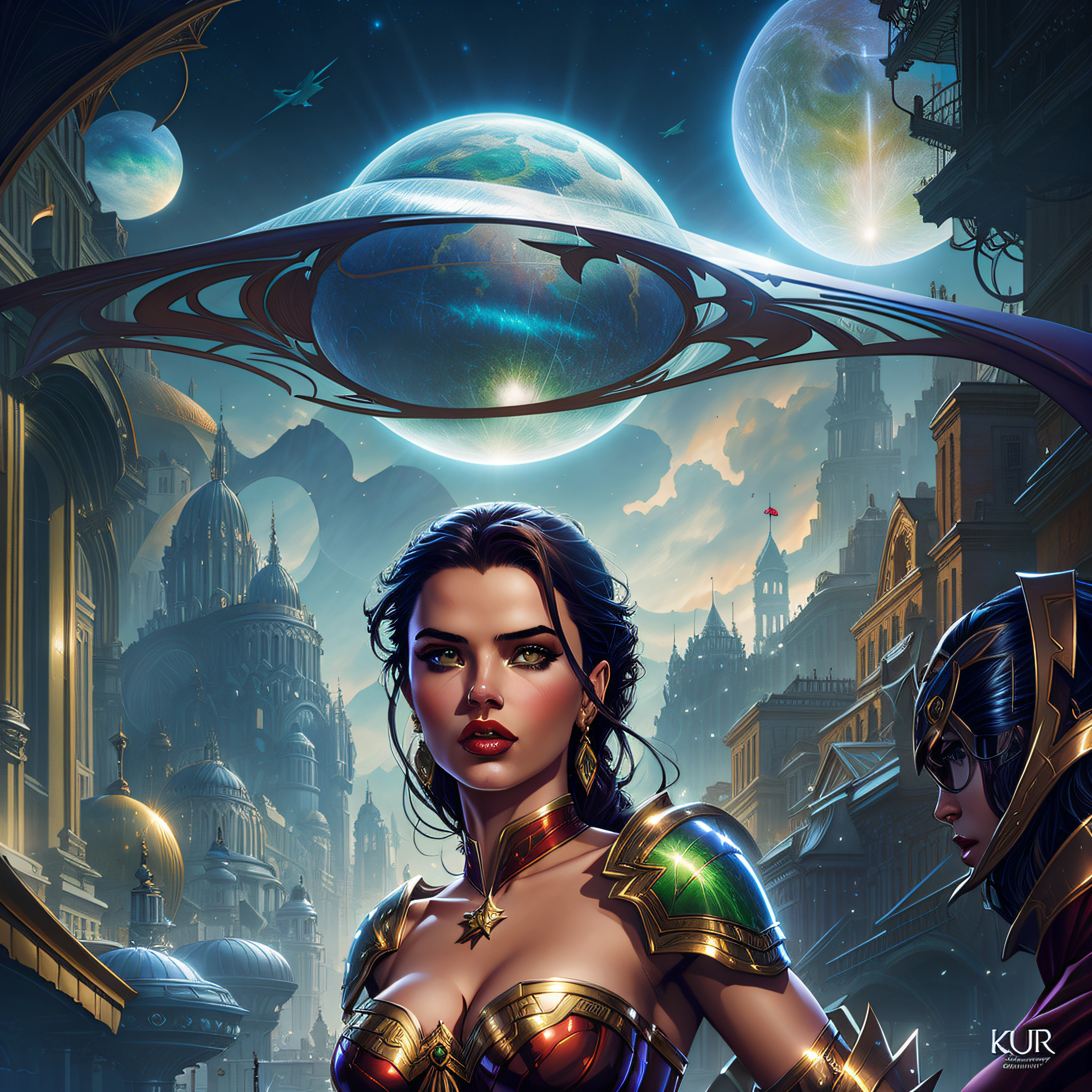 arafed image of a woman (Adriana Lima :1.1) red lips, green eyes in a corset and armor standing in front of a city, artgerm julie bell beeple, wlop and artgerm, karol bak and peter mohrbacher, fantasy art behance, peter mohrbacher and artgerm, artgerm and wlop, charlie bowater and artgerm