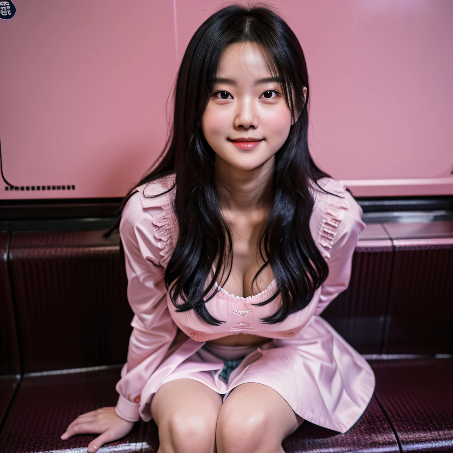 ultra-definition、realisitic、((a 18 year old girl))、(kawaii)、with round face、Beautiful skin、Beautiful wavy hair、Open your crotch、A smile、blush、in school uniform、White shirt、Black bra、(Perfect body)、acurate、realisticlying、A slender、slender constriction、((large full breasts))、cleavage、Full body shot、On the train、sitting on