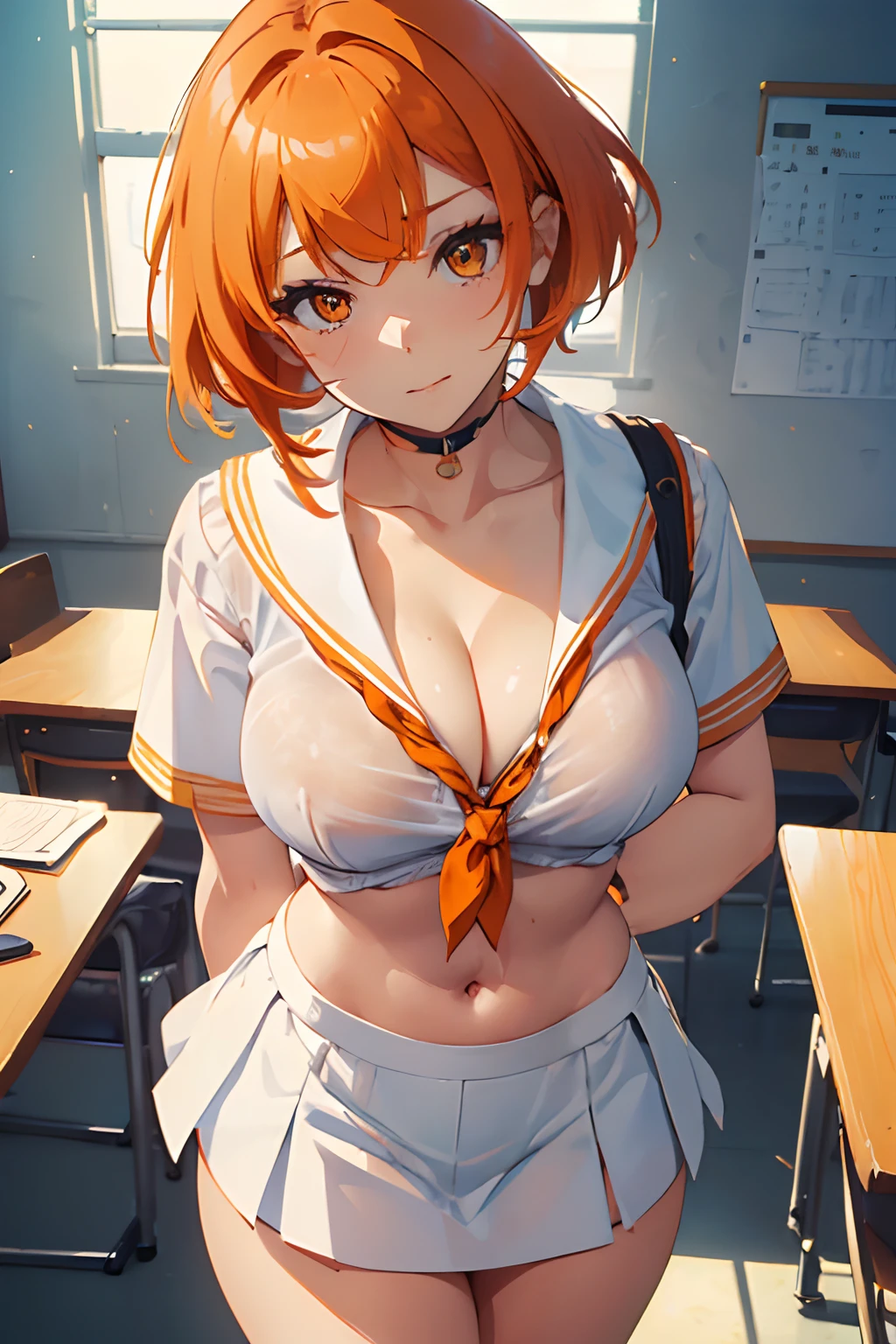 masterpiece, best quality, intricate details, vivid colors, diffused lighting, high pov, classroom, whiteboard background, tables, (1 girl(short orange hair, orange eyes, eyeshadow, beautiful makeup, sailor uniform, fully unbuttoned white shirt, white miniskirt, see through, cleavage, bare tummy, perfect body, thick thighs, luscious, leaning toward viewer, looking at viewer, shy expression, aroused, hands behind back))