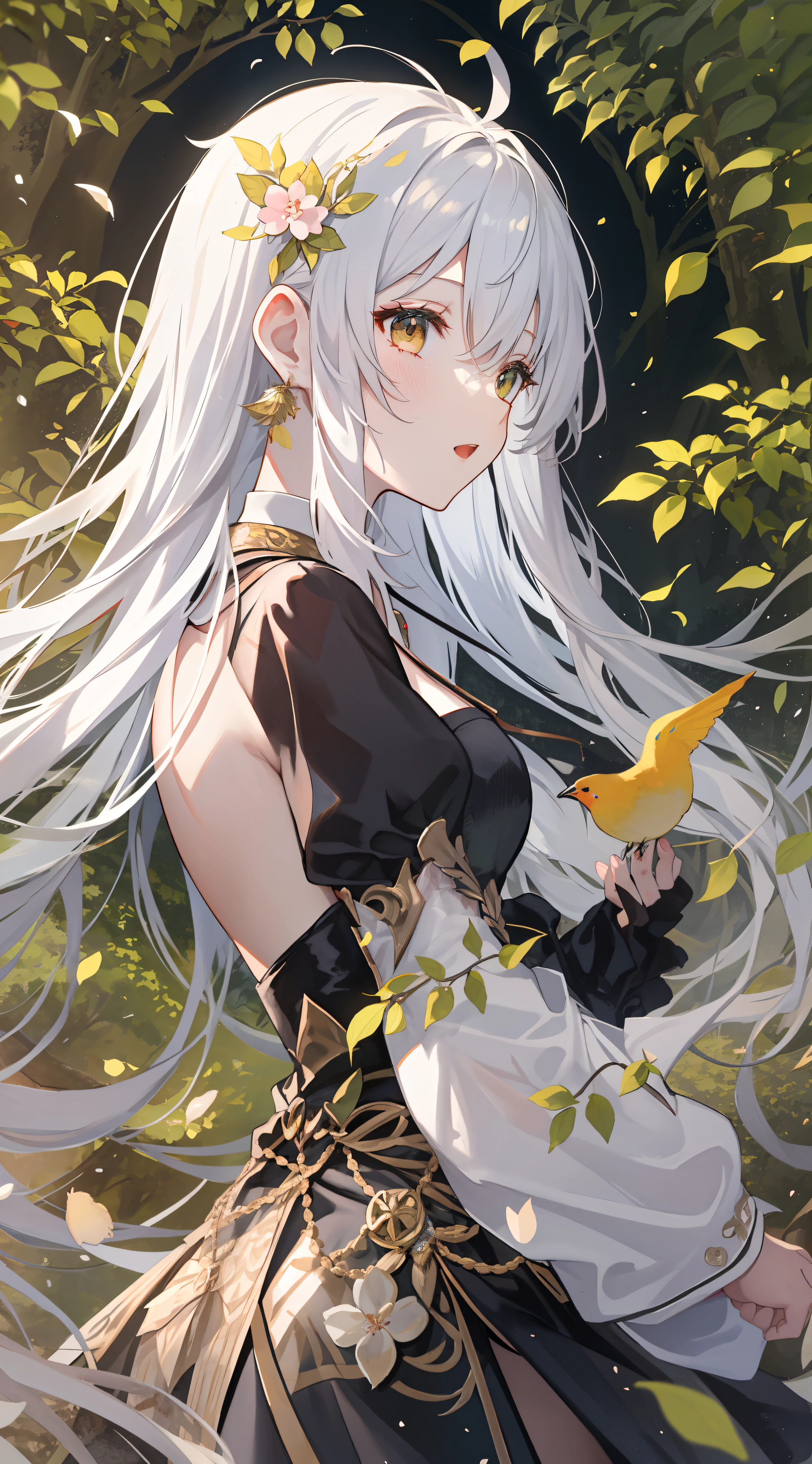 top-quality, Ink painting style, Fresh and elegant, Clear lake, The cherry blossoms set as the sun sets，White color hair, Black bandeau pendant dress gold pattern girl, Ride the flower wind to blow your head, A forest dotted with green leaves, Birds sing happily, A poetic scene