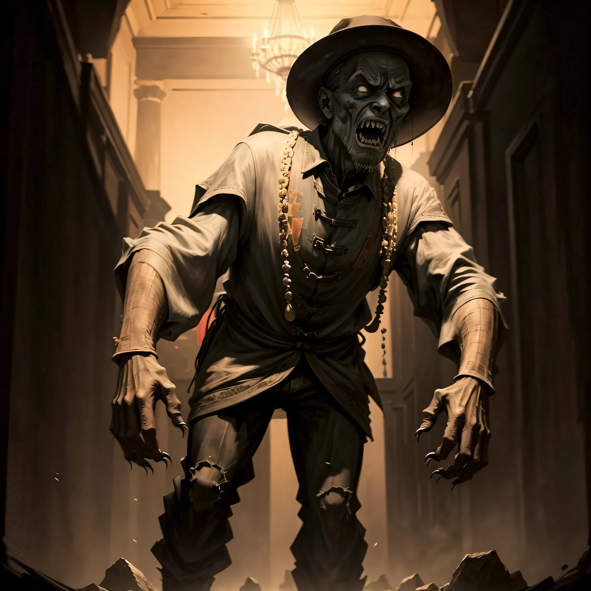 the night，Double，Middle-aged man with balding cloak（Normal stature）mtu，Strong，The expression is fierce，bucket-hat，Ride on zombies（Chinese_Qing_zombi：1.3）shoulder on，Zombie face skin，Open-mouthed，Claws，Depict facial details in detail，The corridor on the second floor of the hotel，The background is gorgeous，The chandelier appears in full assembly，Faraway view，super-fine，hyper HD