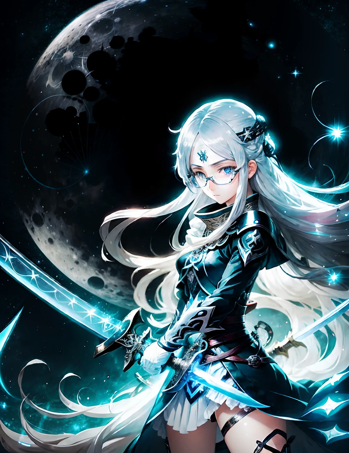 A girl with white long hair, glasses, anime style,sword in one hand, glowing art, glowing eye, full moon and star night background, anime art, glowing black sword japanese art, modern style,modern clothes, perfect face,perfect eyes, perfect sword,perfect hands