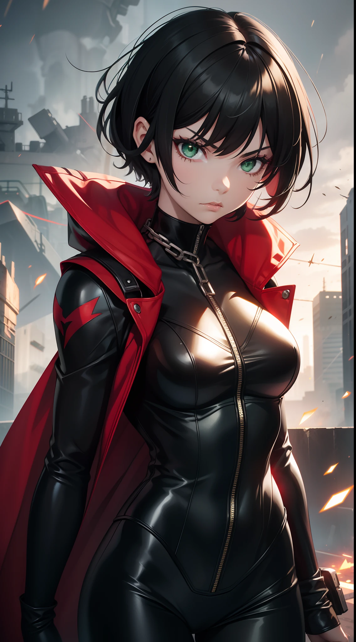 young girl, short black hair, Green eyes, angry, superhero, Spawn of Hell, black catsuit, White Elements, red coat, Demonic Chains, hiquality, 4k, HD, Good detail