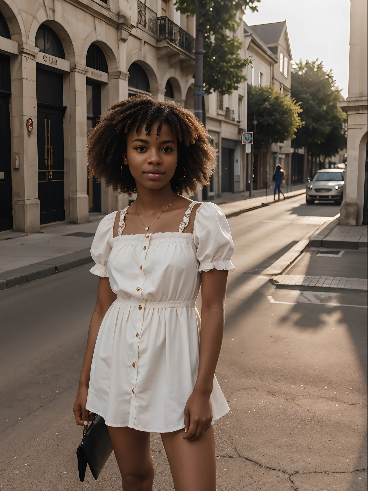 corps entier , beau visage, curly hair,Warm light and clear complexion, afro-american, Detailed, ultra quality, poitrine claire, mignonne, adorable, chemise blanche et mini jupe debout dans la rue avec une amie
