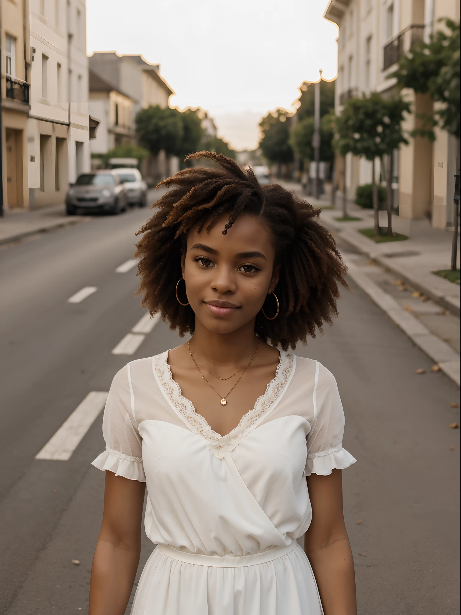 corps entier , beau visage, curly hair,Warm light and clear complexion, afro-american, Detailed, ultra quality, poitrine claire, mignonne, adorable, chemise blanche et mini jupe debout dans la rue avec une amie