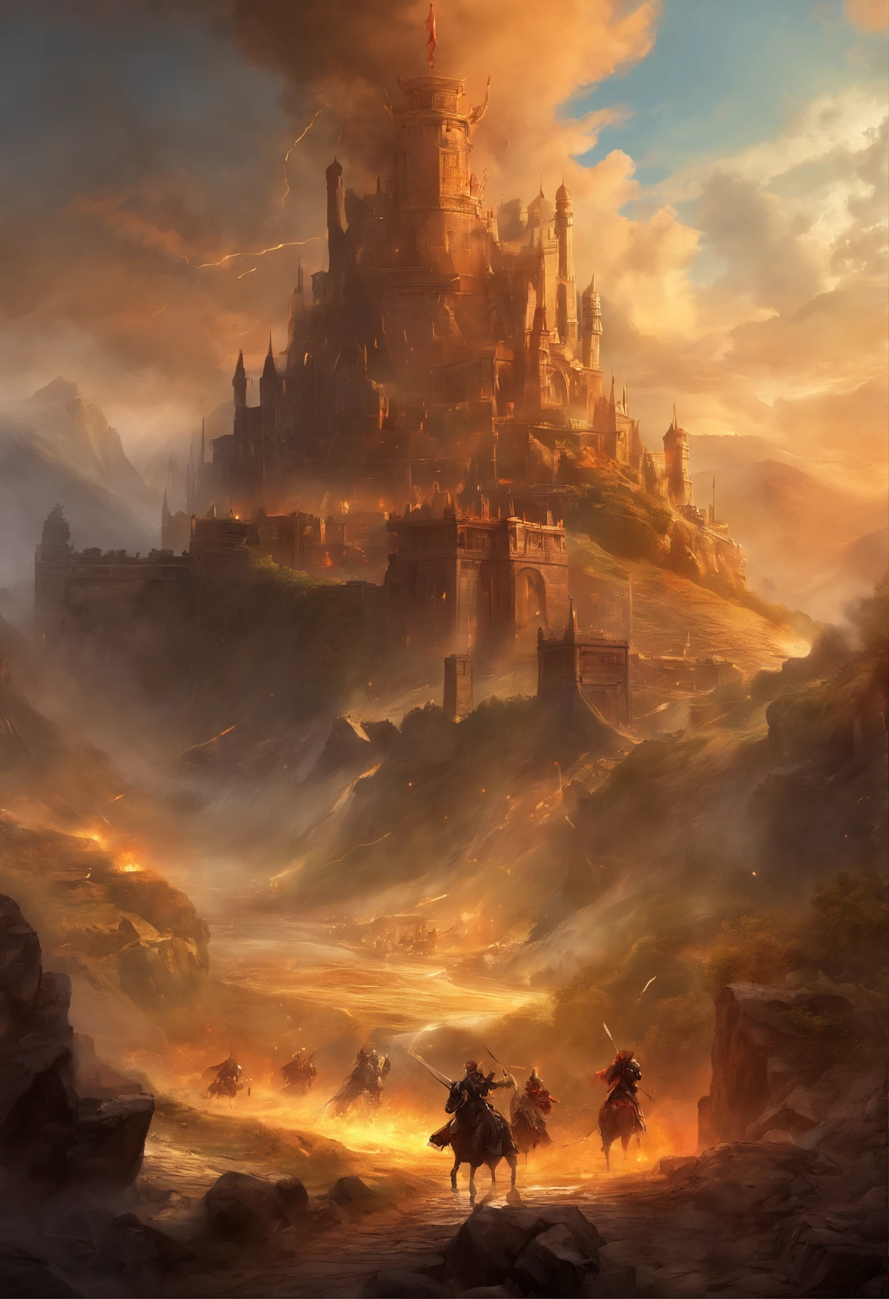 (Best quality,4K,8K,A high resolution,Masterpiece:1.2),Ultra-detailed,(Realistic,Photorealistic,photo-realistic:1.37),Large-scale wars in fantasy worlds, Epic battles, Chaotic conflict, Extreme violence, Towering castles and fortresses, Heavily armored soldiers, Lethal weapons, The cry of war and the clarion call to battle, Strategic exercises, Flying arrows and spears, Swirling smoke and dust, bloody battlefield, Brave heroes lead the charge, Falls and injuries, Fear and determination in their eyes, Sabotage and sabotage, A spark of hope in the chaos, war-torn landscape, The war machine is raging, Lightning illuminates the darkness, The mysterious portal opens,Unleash otherworldly power, Fight hard to survive, Adrenaline-filled battles, The intensity and urgency of each frame, Dramatic lighting emphasizes emotion, Vivid and saturated colors, Capture the magnificent cinematic composition of the battlefield.