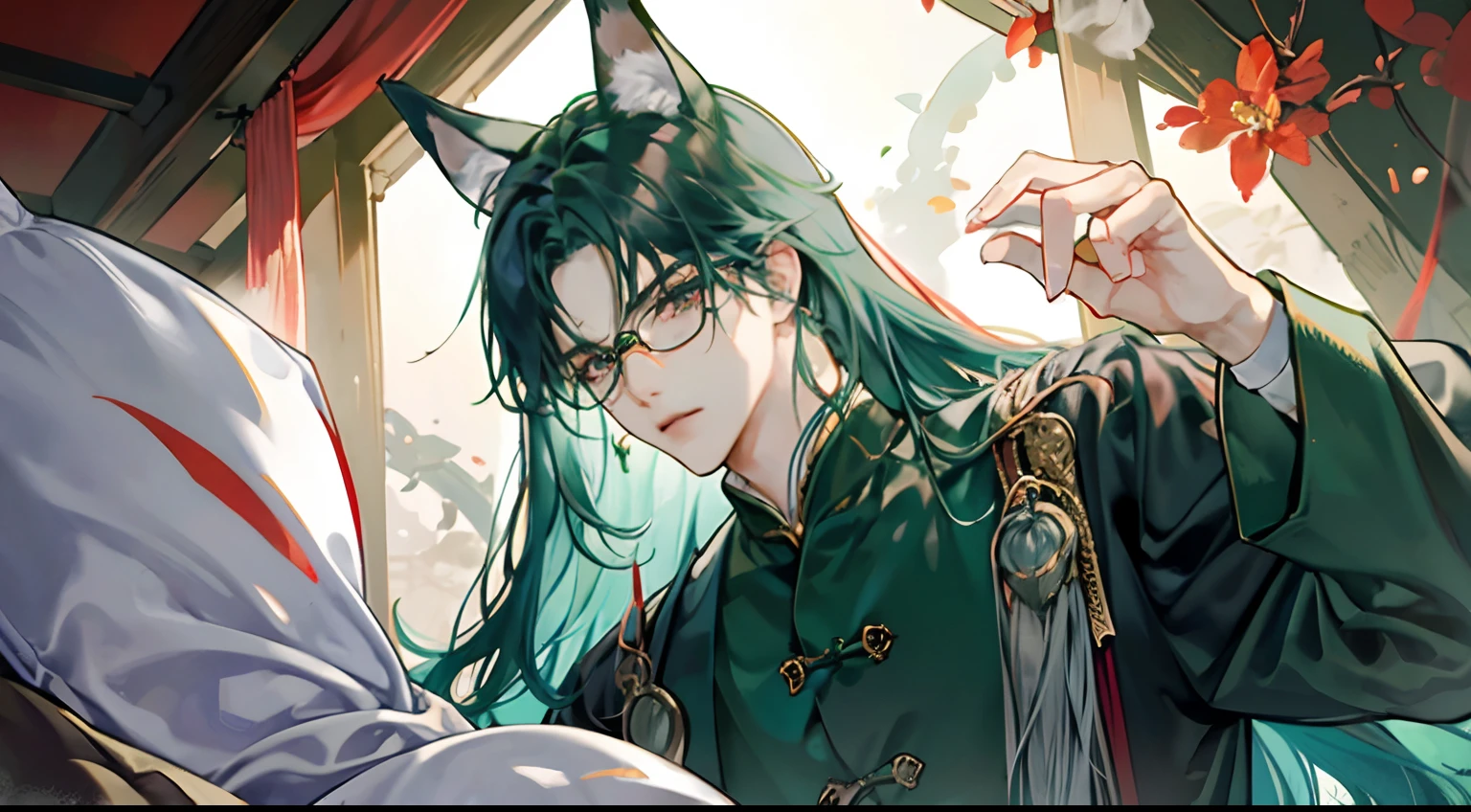 tmasterpiece,Need,A man,China-style,Chinese Ancient Times,Blue-green hair,dishiveredhair,long whitr hair,with long bangs,Handsome,virile,gentleness,large tall,A tranquil,Black robe,exteriors,cloaks,High hills,nevando, Young men,Quaint,tmasterpiece,Need,Leprechaun,red fox,Animal ears,Handsome guy,Silver,Long hair,Hair is scattered,Dark Hanfu,There are glasses on the face,Cool handsome
