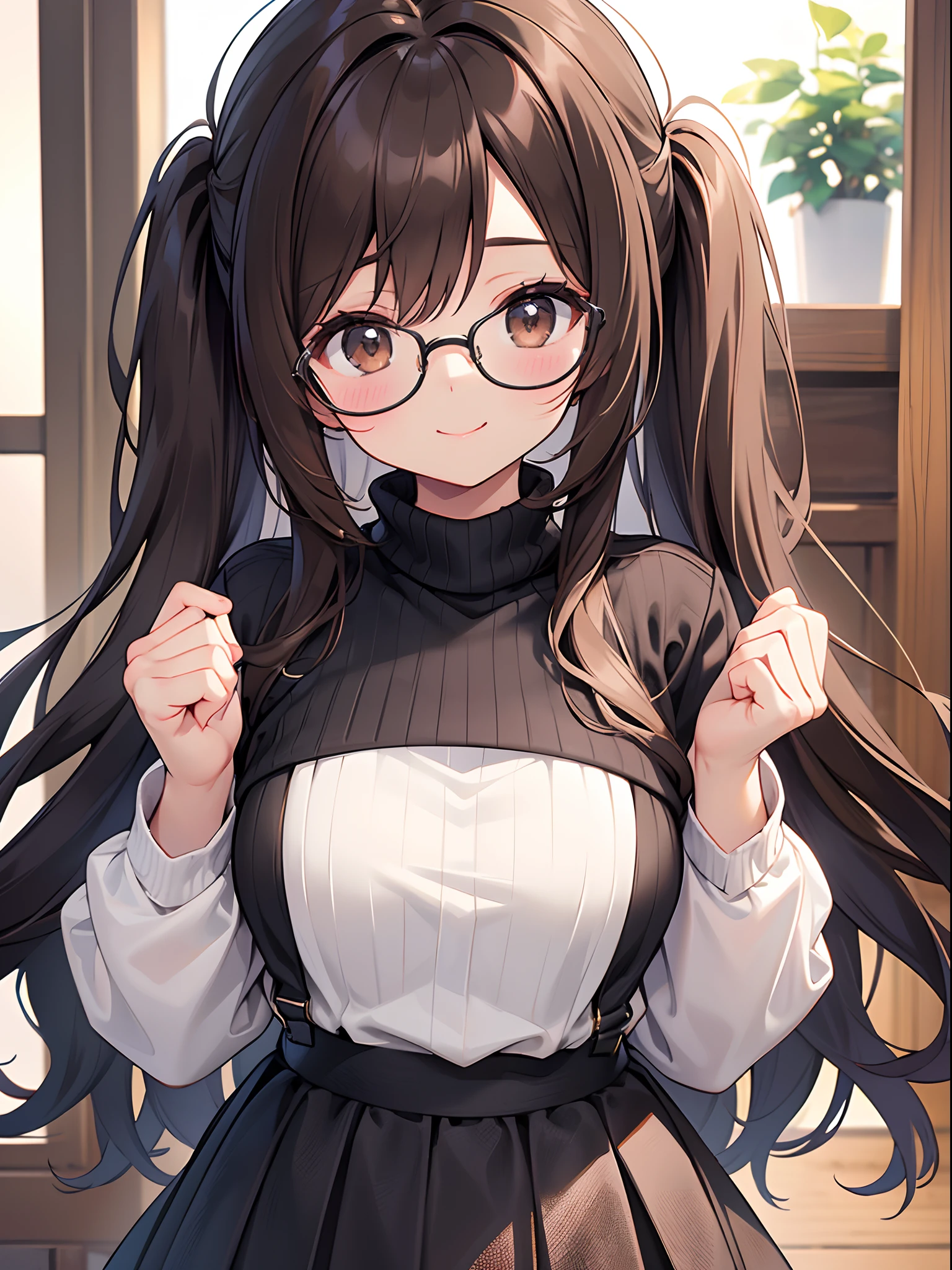 1 female、brown haired、Brown eyes、Black-rimmed glasses、seductive boobs、gorgeous faces、Perfect body。Best Quality、ultra-detailliert、8K resolution、Raw photo、masutepiece。a smile。Sweaters、long skirt。