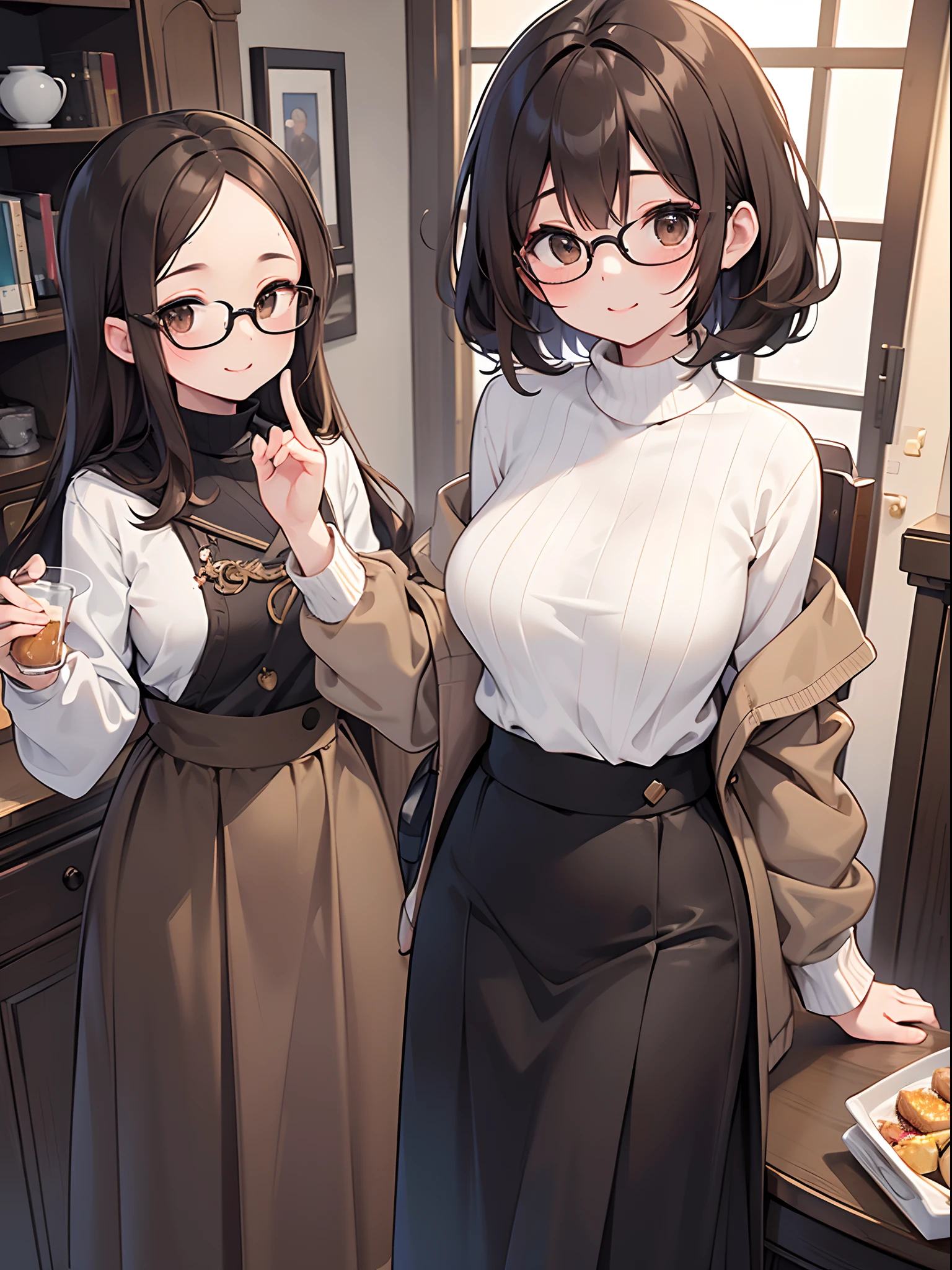 1 female、brown haired、Brown eyes、Black-rimmed glasses、seductive boobs、gorgeous faces、Perfect body。Best Quality、ultra-detailliert、8K resolution、Raw photo、masutepiece。a smile。Sweaters、long skirt。