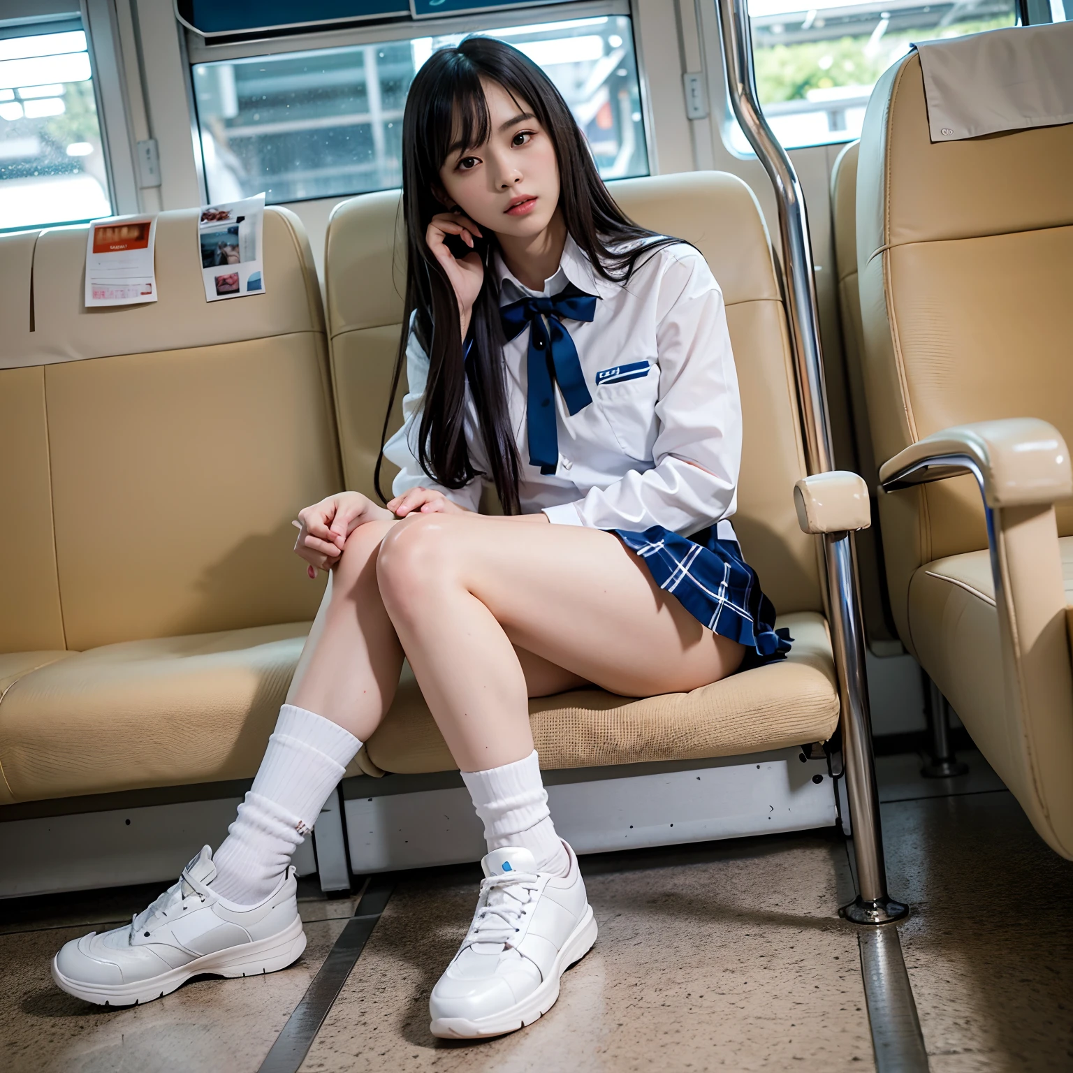 (masutepiece, High quality, Ultra High Quality, 4K)A dark-haired、27 year old Japan girl、1 Female 2.0、******girl Uniform, Uniform skirts、Emphasis on the thighs、white thighhig,Soft thighs、Glossy thighs、Sitting on the train、Face-to-face angle,(Angle from below),Sitting in a train seat,Sitting at the front，Zoom camera in the crotch,Feet are on the floor of the train,full body Esbian,Looking down and sleepy,Watching the viewer only, Best Quality, Ultra high definition, (Photorealistic:1.4),, High resolution, detail, Raw photo, Sharp Re, Nikon D850 Film Stock Photo by Lee Jefferies 4 Kodak Portra 400 Camera F1.6 lens rich colors hyper realistic lively textures dramatic lighting unreal engine artstation trends cinestir 800,Open knee:1.2、White panty:1.2