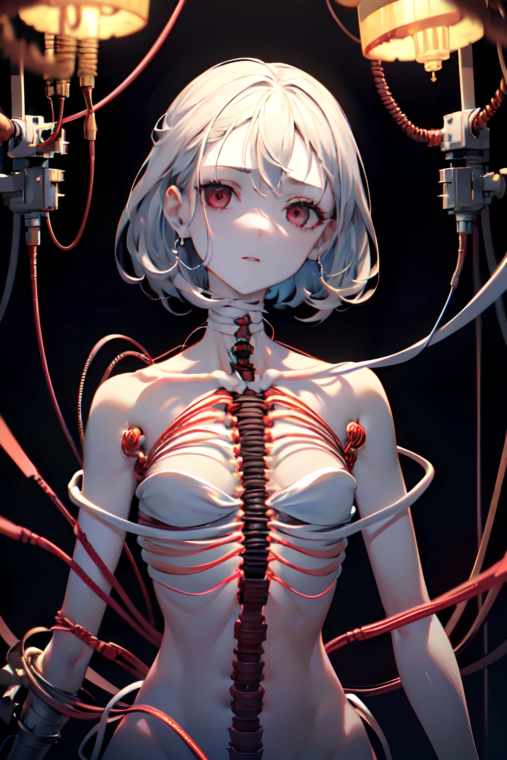 extremely delicate and beautiful girls, Show from the hips to the shoulders, from_above, flat chest, (very short hair), big forhead, grey hair, no facial features, (emotionless eyes:1.3), parted_lips, red eyes, white skin, black_gloves, (Full body bandaged), (mechanical prosthetic arm and leg), skindentation, black Clothes, (Blood vessels connected to tubes), (Mechanical vertebrae attached to the back), (Mechanical cervical vertebrae attached to the neck), (sitting), Expressionless, (wires and cables attached to the head and body:1.5), professional lighting, best quality, masterpiece, ultra detailed, captures a super cute moment, depth of field, ultra high resolution, fine details, 16k wallpaper,