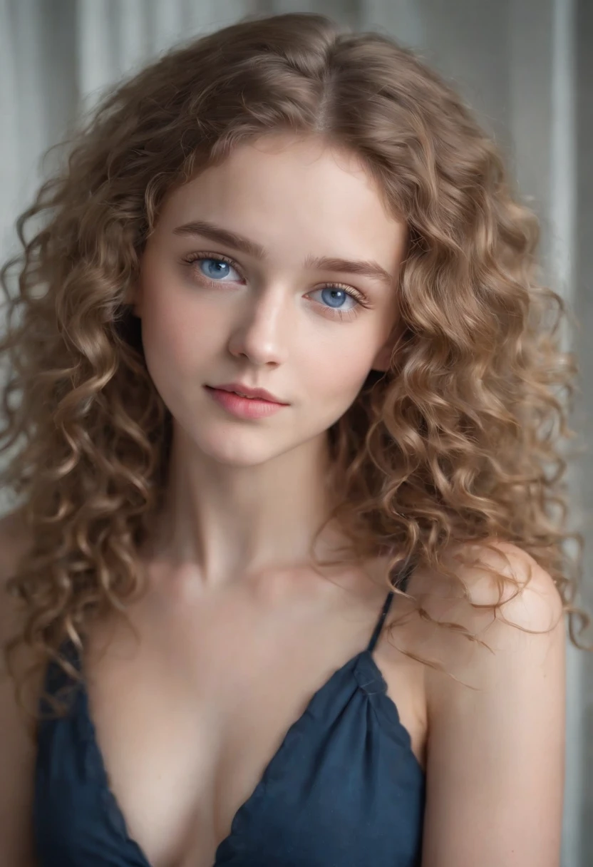 "Full body portrait of a charming 18 year old women with curly light hair, petite figure, beautiful face, captivating blue eyes, and modest bust size, showcasing her natural beauty."