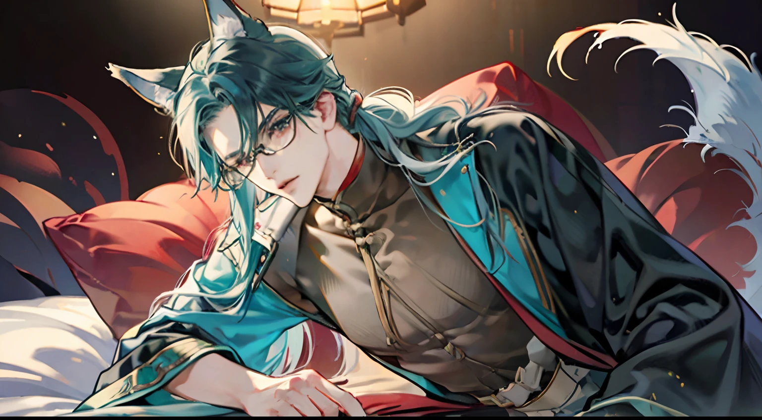 tmasterpiece,Need,A man,China-style,Chinese Ancient Times,Blue-green hair,dishiveredhair,long whitr hair,with long bangs,Handsome,virile,gentleness,large tall,A tranquil,Black robe,exteriors,cloaks,High hills,nevando, Young men,Quaint,tmasterpiece,Need,Leprechaun,red fox,Animal ears,Handsome guy,Silver,Long hair,Hair is scattered,Dark Hanfu,There are glasses on the face,Cool handsome