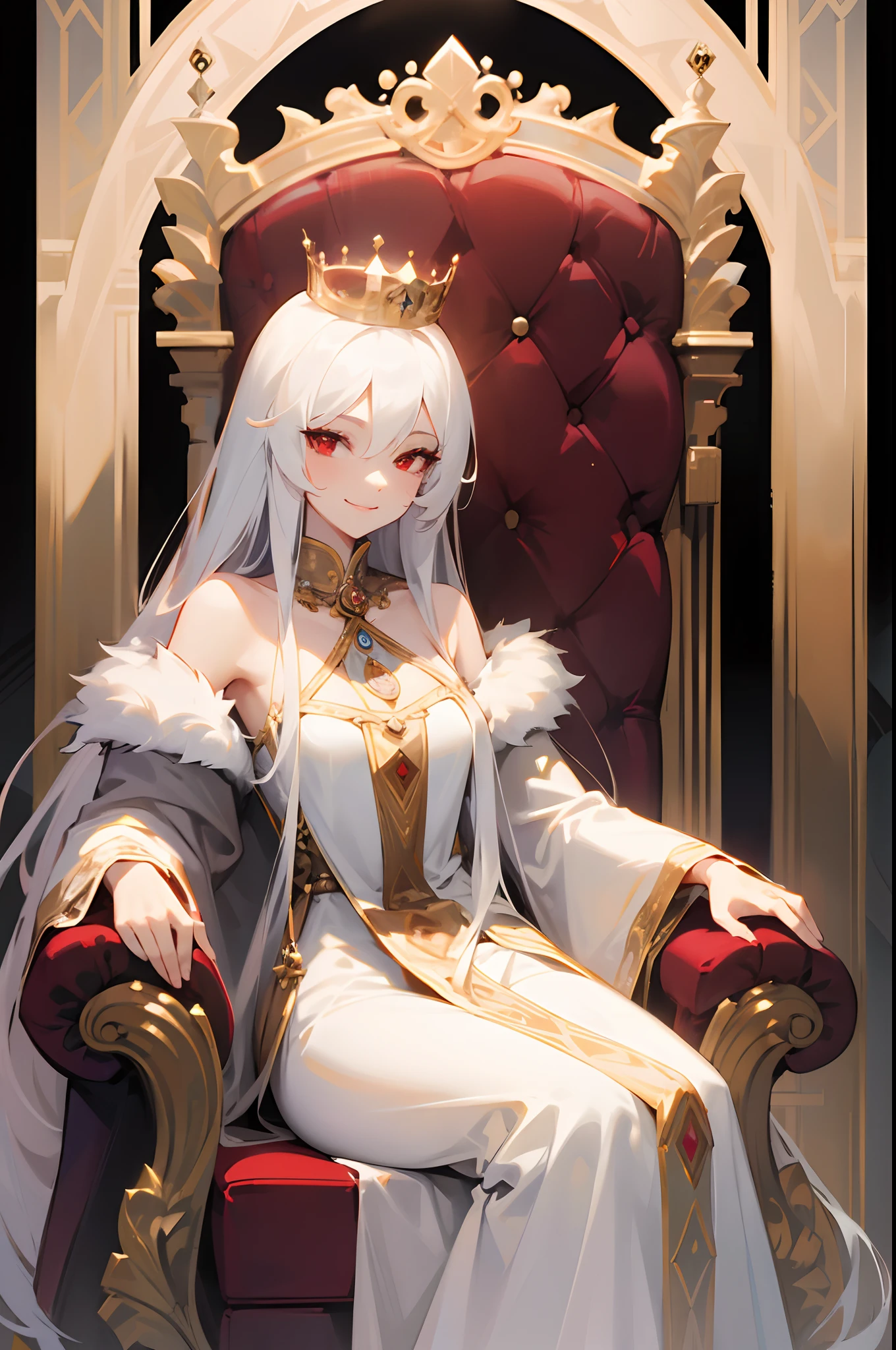 Cute princesss, (western clothes), (medieval fantasy), round eye, charm smile, (sit on platinum throne), full body shot, throne room background