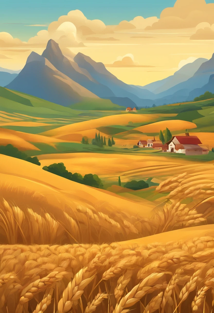 golden wheat fields,Harvest of wheat,Toil farmers,mountain peaks,rios,Village, Reap theme,colorfull background, Cartoon style, Disney style