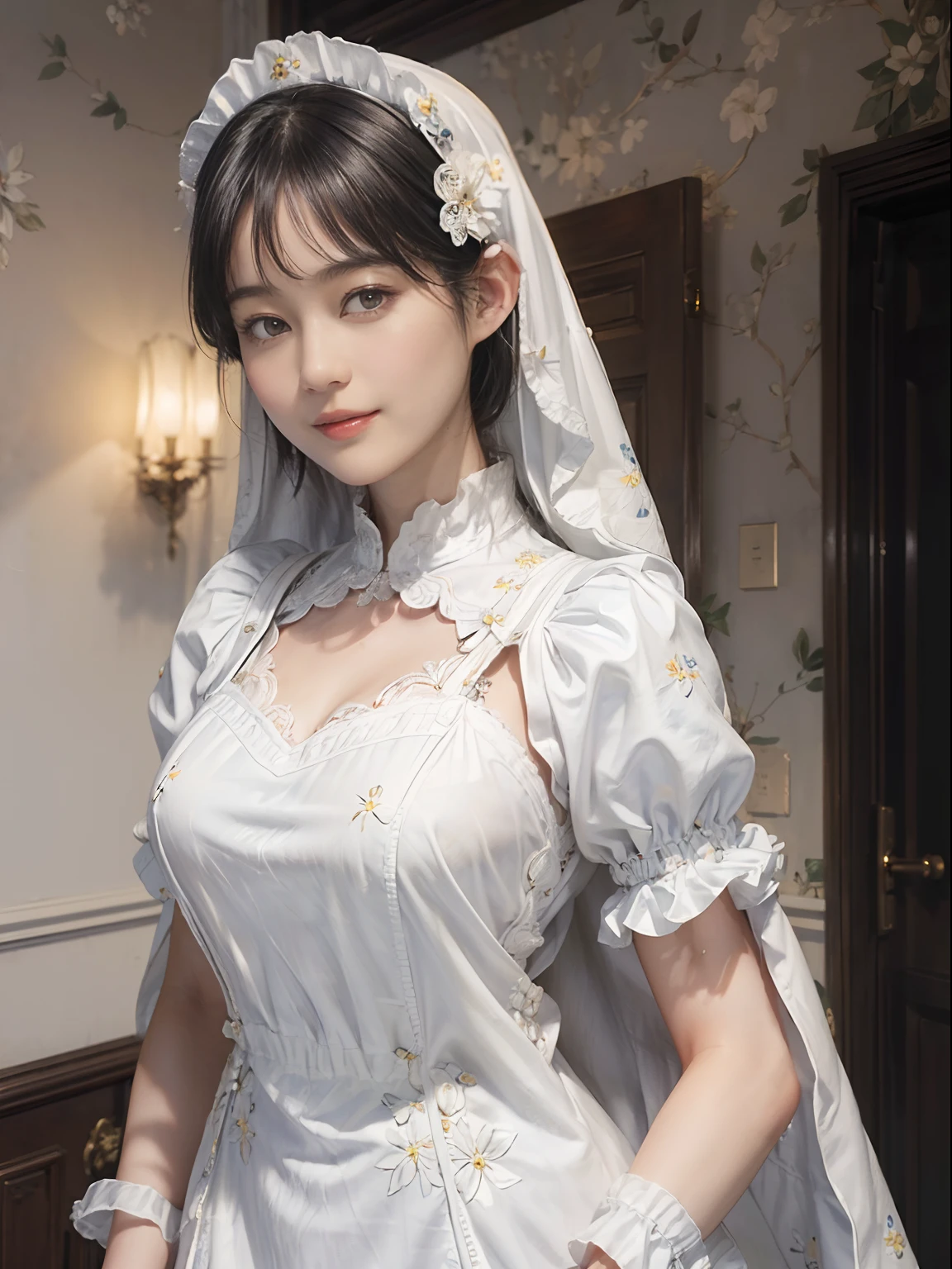 05
(Black Shorthair:1.3), (a 20 yo woman), (A hyper-realistic), (Masterpiece), (8KUHD), Beautiful woman, a smile, (Wearing a white maid outfit:1.3), (Maid clothes with floral patterns:1.2), Spacious and luxurious entrance, Standing in front of a large front door, Focus on the face, (depth of fields)