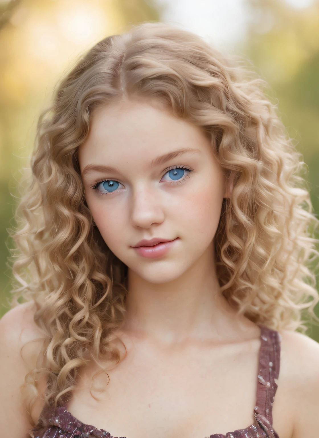 Country girl. Teen. Young adult. Curly hair. Blue eyes. Sweet. Romantic. Pretty.