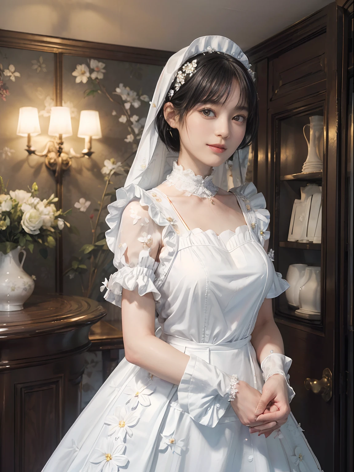 05
(Black Shorthair:1.3), (a 20 yo woman), (A hyper-realistic), (Masterpiece), (8KUHD), Beautiful woman, a smile, (Wearing a white maid outfit:1.3), (Maid clothes with floral patterns:1.2), Spacious and luxurious entrance, Standing in front of a large front door, Focus on the face, (depth of fields)