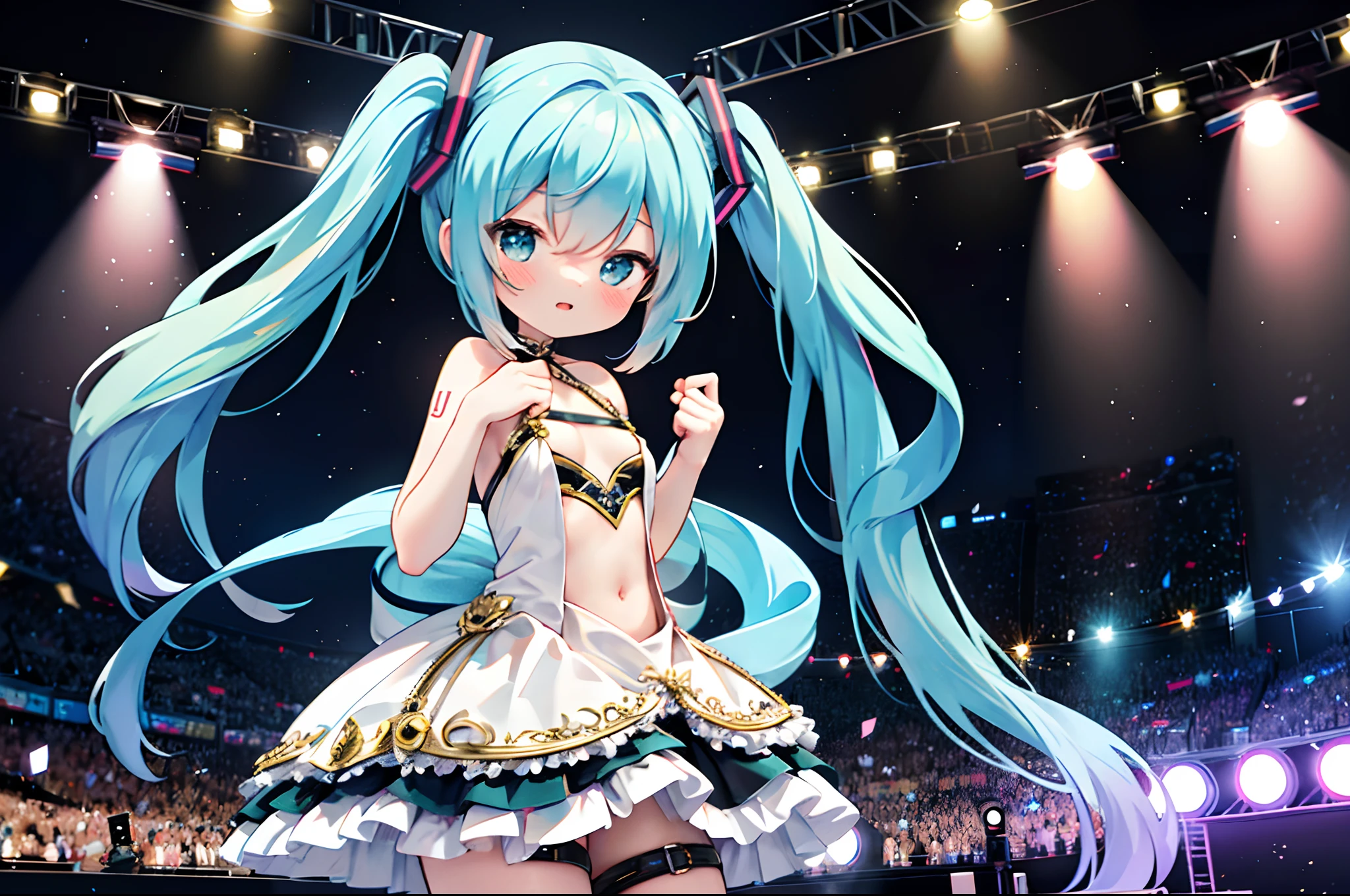 Big breasts Hatsune Miku,staging,Idol singer,Princess dress,Small chest,lamplight,Center of stage