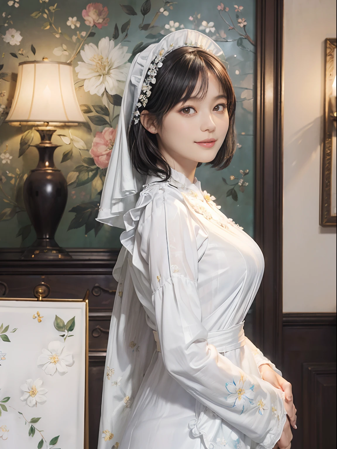 05
(Black Shorthair:1.3), (a 20 yo woman), (A hyper-realistic), (Masterpiece), (8KUHD), Beautiful woman, a smile, (Wearing a white maid outfit:1.3), (Maid clothes with floral patterns:1.2), Spacious and luxurious entrance, Standing in front of a large front door, Focus on the face, (depth of fields)