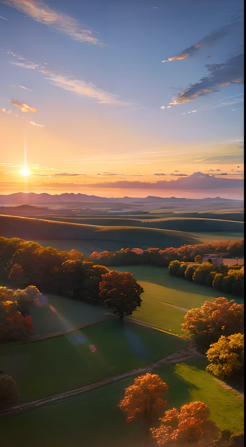 Big sunset clouds、Blue sky、Evening light,pure scenery,Quiet and idyllic,high definition detail、Ultra-detailed and exquisitely presented,Surrealism like a movie,Soft light on background,Deep focus and bokeh effect,Ray tracing and surrealist art styles