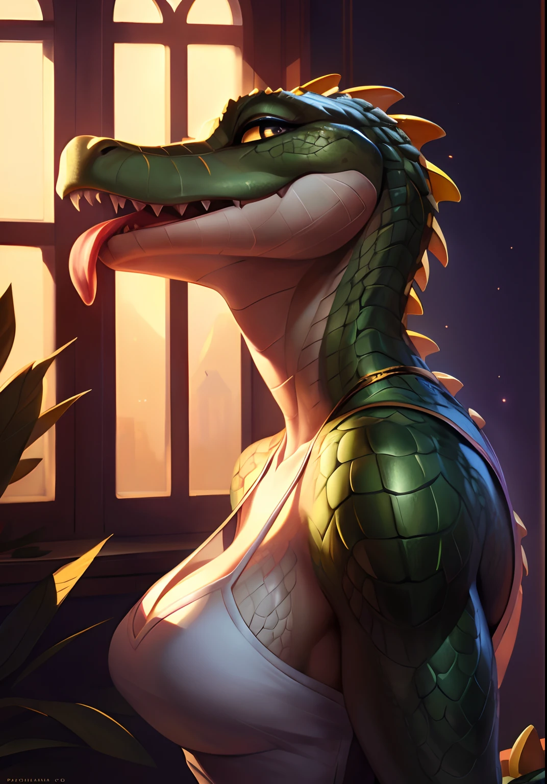 Uploaded on e621, by Pixelsketcher, by Bayard Wu, by Thomas Benjamin Kennington , by Einshelm, solo anthro, ((face portrait)), BREAK, ((mouth closed, tongue out)), Crocodile hissing, sweet look, (detailed Bonifasko lighting), (detailed scales), (detailed skin), (yellow Crocodile, yellow Crocodile, yellow Crocodile), (slit pupils), (her own hands holding her own face), BREAK, ((Crocodile hissing)), ((SFW)), ((long thick colorful tail)), ((facing viewer)), (cinematic lighting), ((detailed background)), ((face portrait view)), (((face view))), (half body shadow), [backlighting], [crepuscular ray], [detailed ambient light], [gray natural lighting], [ambient light], (higher wildlife feral detail), [explict content], [sharp focus], (questionable content), (shaded), ((masterpiece), hissing, her own hands holding her own face, medium scales breasts, breasts, furry colorful Crocodile, Crocodile face, furry Fantasy Art, furry Art, Commission for High Res, anthro Art, Art,Sakimichan beautiful, masterpiece, medium breasts, best quality, detailed image, bright colors, detailed face, perfect lighting, perfect shadows, perfect eyes, girl focus, Crocodile eyes, flawless face, big breasts, slit pupils, face focus, ((long thick colorful tail)) Crocodile, Crocodile girl, scales, scales woman, Crocodile nose, large long muzzle, colorful scales, gaze at the viewer, half-closed eyes, 1girl, solo, (masterpiece), (best quality), (illustration), (cinematic lighting), detailed scales, balanced coloring, global illumination, ray tracing, good lighting, scales, anthro, showing scales breasts, cleavage, looking at viewer, seductive look, SFW