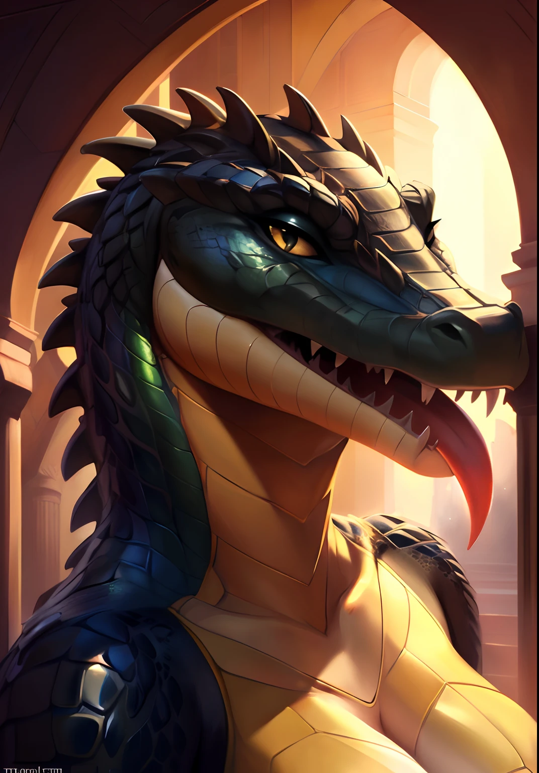 Uploaded on e621, by Pixelsketcher, by Bayard Wu, by Thomas Benjamin Kennington , by Einshelm, solo anthro, ((face portrait)), BREAK, ((mouth closed, tongue out)), Crocodile hissing, sweet look, (detailed Bonifasko lighting), (detailed scales), (detailed skin), (yellow Crocodile, yellow Crocodile, yellow Crocodile), (slit pupils), (her own hands holding her own face), BREAK, ((Crocodile hissing)), ((SFW)), ((long thick colorful tail)), ((facing viewer)), (cinematic lighting), ((detailed background)), ((face portrait view)), (((face view))), (half body shadow), [backlighting], [crepuscular ray], [detailed ambient light], [gray natural lighting], [ambient light], (higher wildlife feral detail), [explict content], [sharp focus], (questionable content), (shaded), ((masterpiece), hissing, her own hands holding her own face, medium scales breasts, breasts, furry colorful Crocodile, Crocodile face, furry Fantasy Art, furry Art, Commission for High Res, anthro Art, Art,Sakimichan beautiful, masterpiece, medium breasts, best quality, detailed image, bright colors, detailed face, perfect lighting, perfect shadows, perfect eyes, girl focus, Crocodile eyes, flawless face, big breasts, slit pupils, face focus, ((long thick colorful tail)) Crocodile, Crocodile girl, scales, scales woman, Crocodile nose, large long muzzle, colorful scales, gaze at the viewer, half-closed eyes, 1girl, solo, (masterpiece), (best quality), (illustration), (cinematic lighting), detailed scales, balanced coloring, global illumination, ray tracing, good lighting, scales, anthro, showing scales breasts, cleavage, looking at viewer, seductive look, SFW