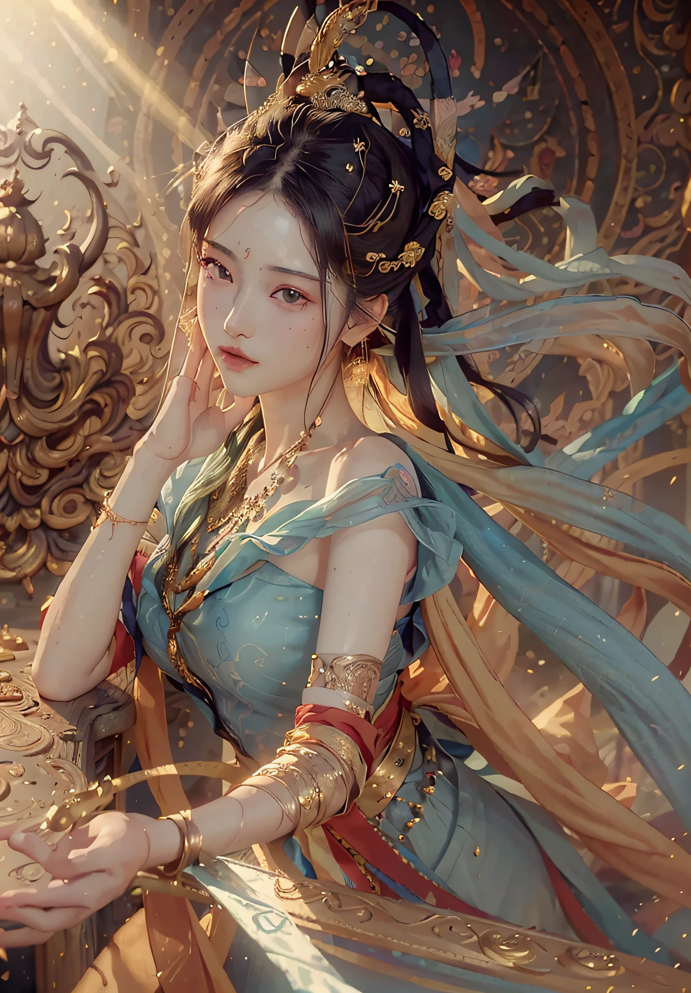 nsfw,masterpiece, best quality, (dark photo:1.3), photorealistic, 1girl, ulzzang, (PureErosFace_V1:0.7),  1 girl ((flying)) under moon ,Chinese immortals,dunhuang_cloths,dunhuang_style, (background is chinese Palace on Heavenly:1.5), (The ground is filled with clouds:1.5, surrounded by smoke:1.5), best quality, realistic, photorealistic, award-winning illustration, (intricate details:1.2), (delicate detailed), (intricate details), (cinematic light, best quality Backlights), clear line,fashion girl, sharp focus, realistic face,detailed face,official art, unity 8k wallpaper, ultra high res, (photorealistic:1.5), looking at viewer, ulzzang-6500,