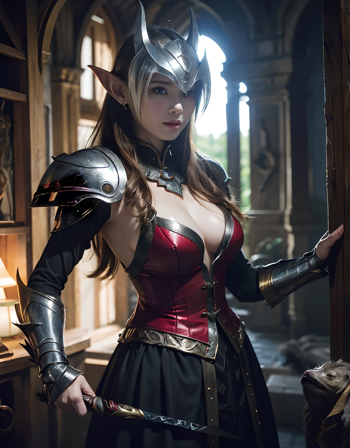 (One Knight Girl)、top-quality、masterpiece、超A high resolution、(Photorealsitic:1.4)、Raw photo、1人、(Wear the Dark Knight's Armor)、glowy skin、(((Dark Fantasy)))、Fight with beautiful swords and shields、(((Mystical expression))),(Gorgeous gold metal body)、(Fight goblins、ogre、Fierce battle with orcs),(Fighting strong enemies)、Fight fiercely、(Background of decaying dungeon ruins)、(Ultimate Beauty)、(Detailed knight's helmet)、(Fighting Demonic Beasts)、(Small LED)、((super realistic details))、portlate、(Strong giant demon beast background),globalillumination、Shadow、octan render、8K、ultrasharp、Colossal tits、Raw skin is exposed in cleavage、metals、Details of complex ornaments、Japan details、highly intricate detail、Realistic light、(Mystical expression),CGSoation Trends、Red Eyes、radiant eyes、Facing the camera)、Gundam、Small LED、Toostock、(Background of the mutation)、(Attack of the Monster Beasts)、Ultimate Beauty、beautiful female knight、Wear colorful armor、Detailed sword、(Wearing legendary armor)、