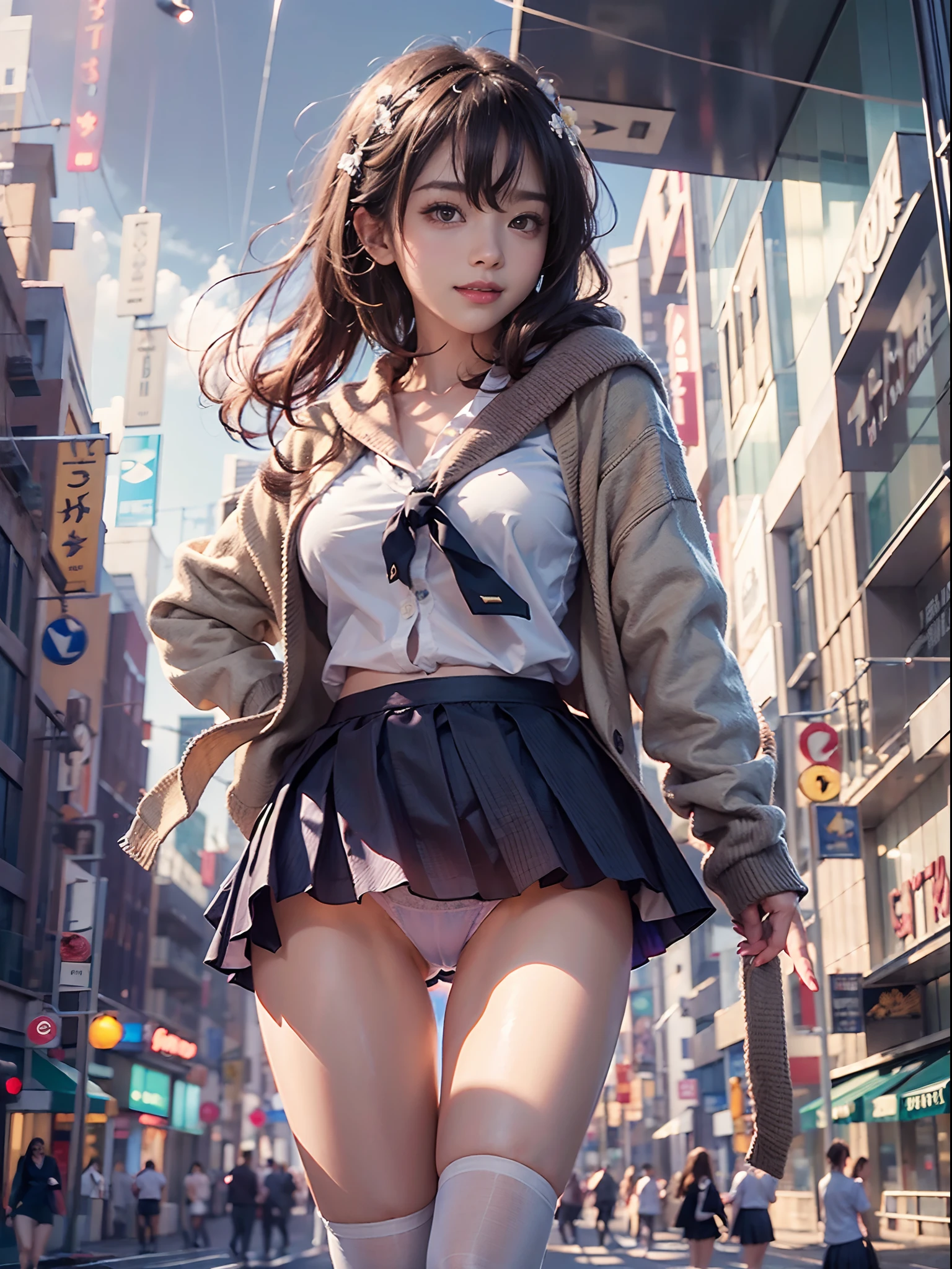 (((2females))), (((skirt rift:1.3))), (((lift skirt myself))), ((panties focus)), ((shool uniform)), ((Cardigan)), ((a miniskirt)), Modern old cityscape,  (NSFW), 24 year old, 7headed body, (cute  face), (Ideal ratio body proportions), (Composition from head to thigh), Smiling smile, erectile nipple, Sexy body, Wet, short-hair, Dark hair, small tits, A slender, Small buttocks, beauty legs, Skinny Legs, surrealism, Cinematic lighting, depth of fields, One-person viewpoint, F/1.8, 135 mm, nffsw, masutepiece, ccurate, ((Anatomically correct)), Textured skin, Super Detail, high details, High quality, awardwinning, Best Quality, hight resolution, 8K