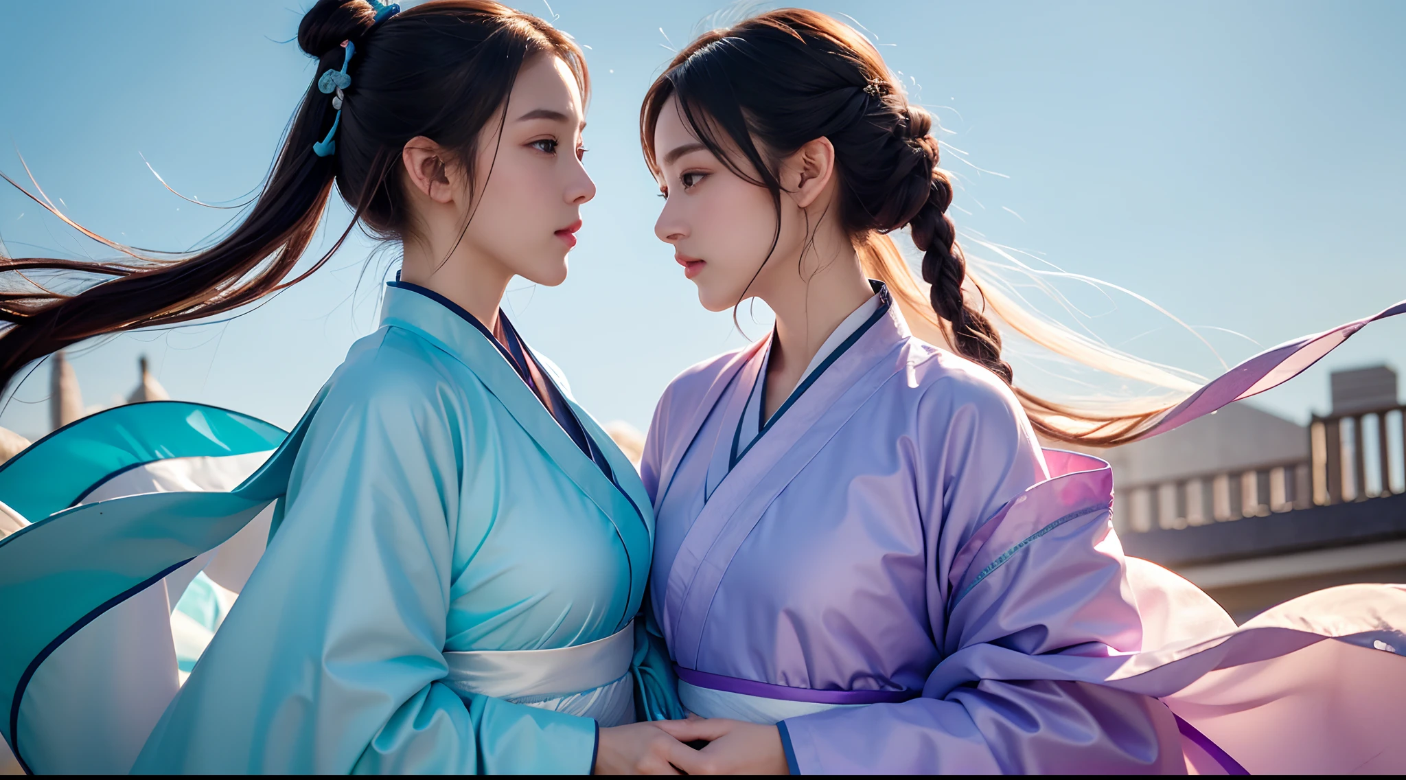 high qulity，detail，ancient wind，immortal，Fly in the sky，twogirls，One wears a cyan Hanfu，One wears a purple Hanfu，Bare belly，Bigchest，Natural and authentic，lightingandshadow