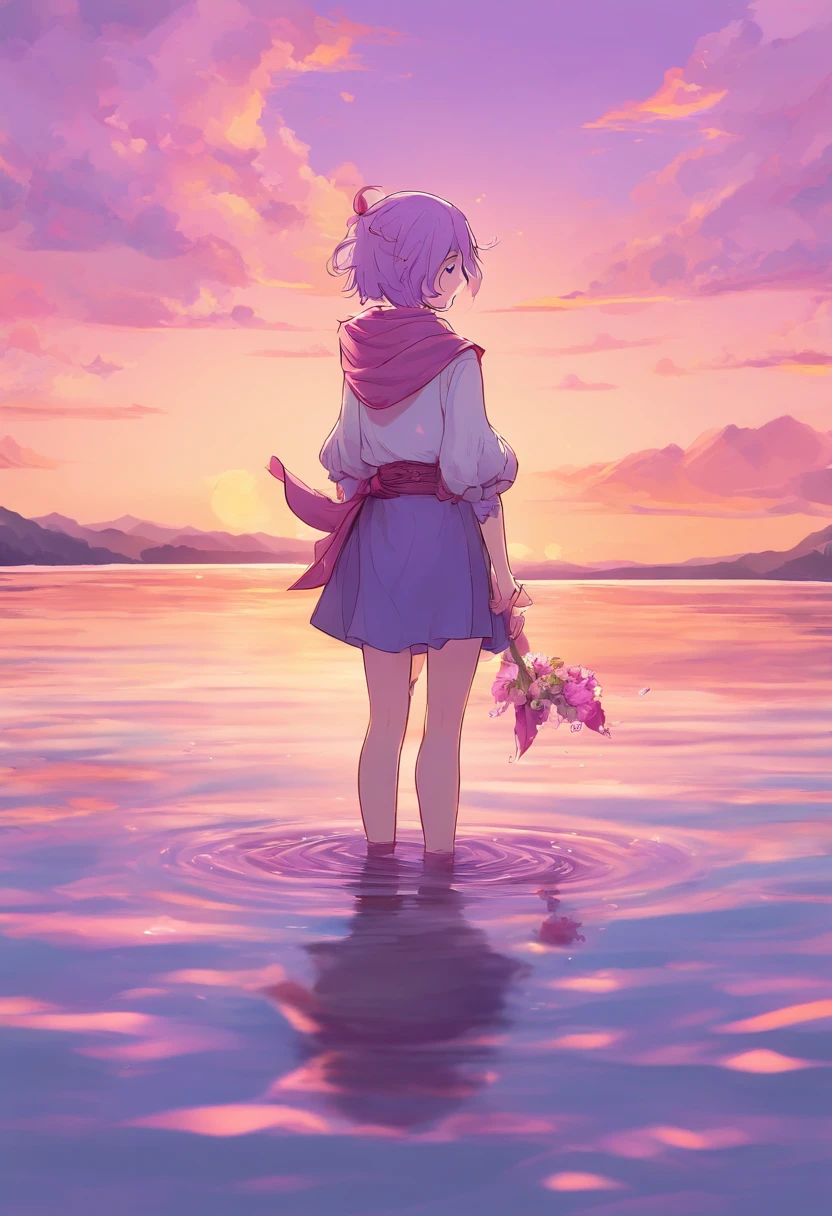 Light purple shorthair girl enters lake knee-high to watch sunrise