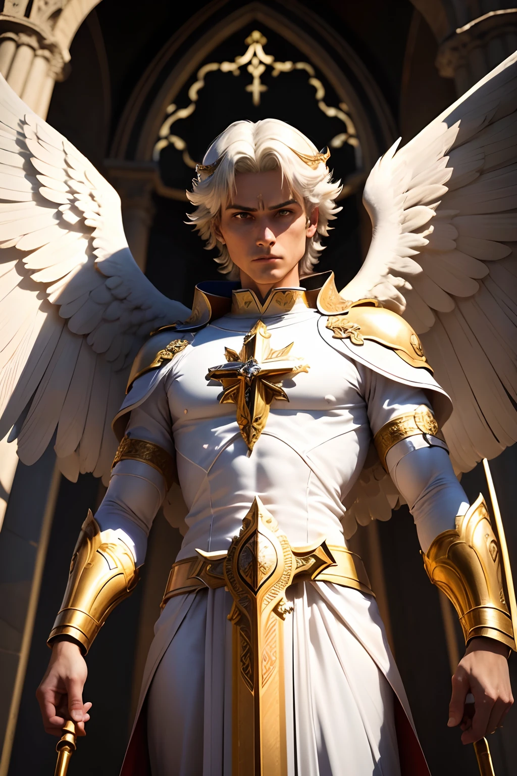 (((St. Michael the Archangel.))) ((( With a serious face))) (obra prima, qualidade superior, melhor qualidade, Arte Oficial, Beautiful and Aesthetic: 1.2), extremamente detalhado, (Arte Fractal: 1.3), Colouring, mais alto detalhado, rosto perfeito, parte superior do corpo, HDR, (Rezando: 1.3), (Trilhas luminosas: 1.2), Cores vibrantes,
