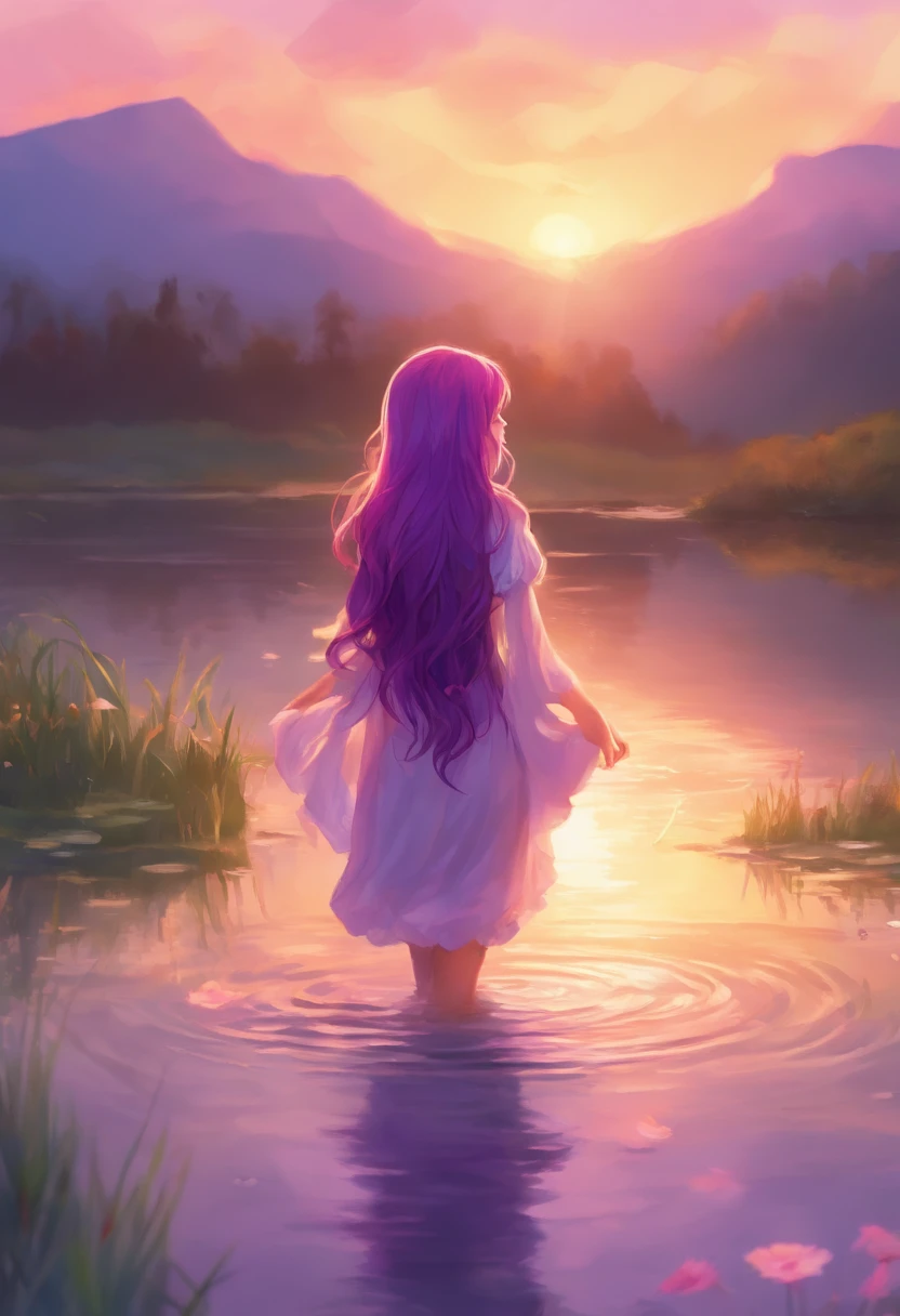 (purple-haired girl:1.1,girl:1.2)standing at knee height in the lake to watch the sunrise, (illustration) medium, (best quality,photorealistic:1.37), (vivid colors,soft pastel tones), long flowing hair, delicate face features, enjoying the gentle breeze, reflection of the colorful sky on the calm surface of the water, distant mountains bathed in warm sunlight, (dreamlike atmosphere,magical setting), soft golden light illuminating the surroundings, bare feet touching the cool water, tranquil and serene ambiance.