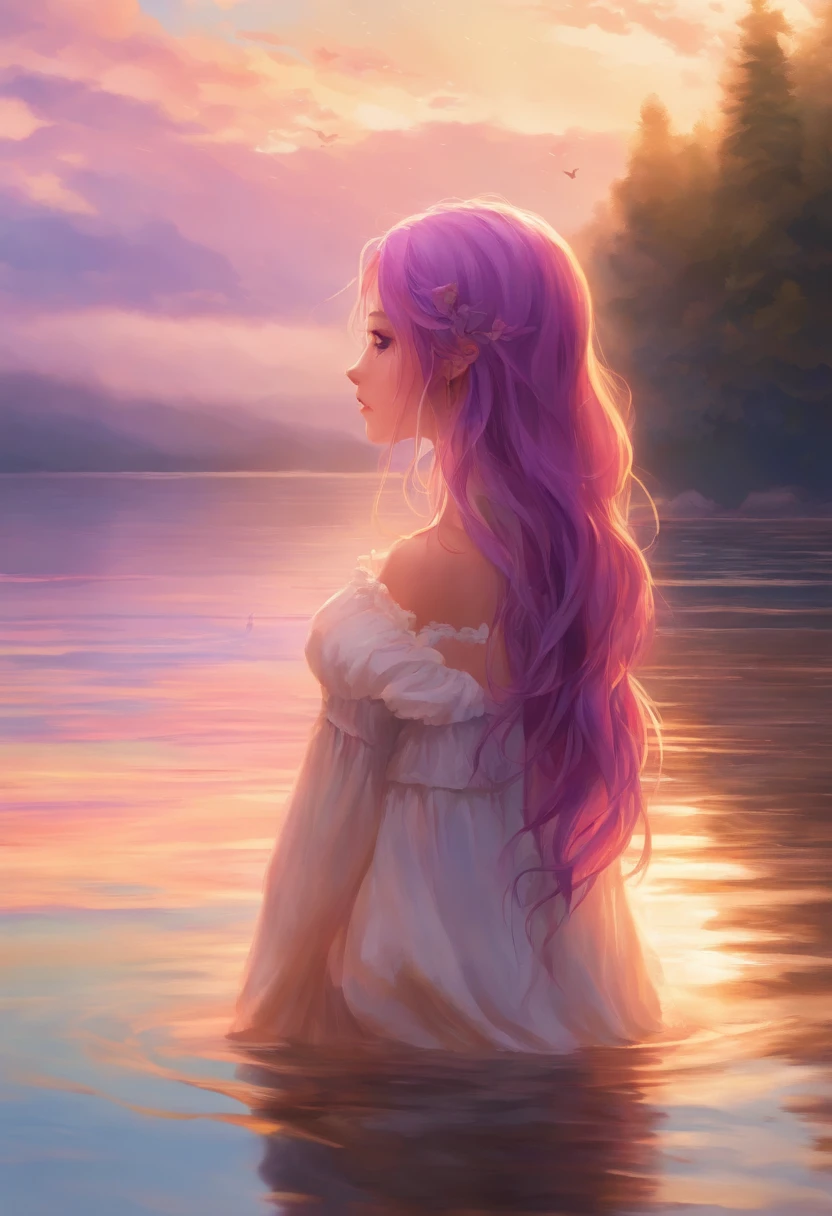 (purple-haired girl:1.1,girl:1.2)standing at knee height in the lake to watch the sunrise, (illustration) medium, (best quality,photorealistic:1.37), (vivid colors,soft pastel tones), long flowing hair, delicate face features, enjoying the gentle breeze, reflection of the colorful sky on the calm surface of the water, distant mountains bathed in warm sunlight, (dreamlike atmosphere,magical setting), soft golden light illuminating the surroundings, bare feet touching the cool water, tranquil and serene ambiance.