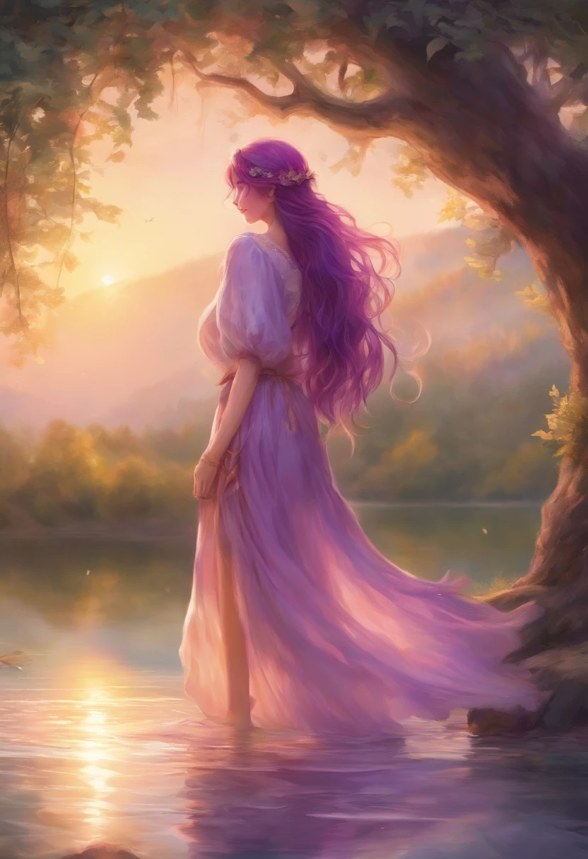 (purple-haired girl:1.1,girl:1.2)standing at knee height in the lake to watch the sunrise, (illustration) medium, (best quality,photorealistic:1.37), (vivid colors,soft pastel tones), long flowing hair, delicate face features, enjoying the gentle breeze, reflection of the colorful sky on the calm surface of the water, distant mountains bathed in warm sunlight, (dreamlike atmosphere,magical setting), soft golden light illuminating the surroundings, bare feet touching the cool water, tranquil and serene ambiance.