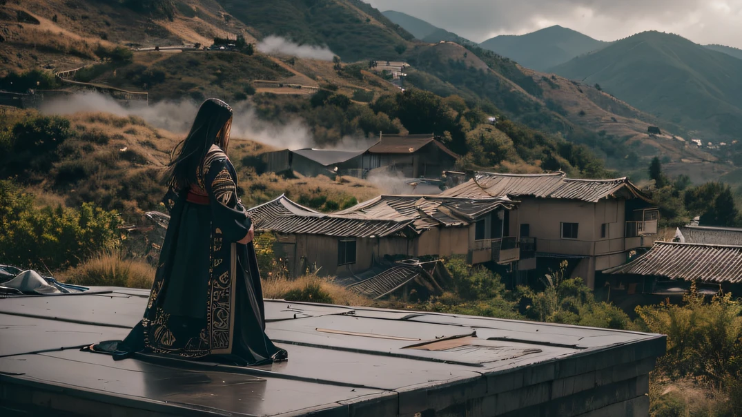 facing away from the audience（Doomsday ruins）Arapi stood on the roof looking out over the mountains, 16384k film, Shot on Sony A 7 III, 36864k film, movie still 8 k, 8 k film still, shot with canon eoa 6 d mark ii, Still from the movie, wide film still, cinematic Film still from, the roof（tmasterpiece，k hd，hyper HD，32K）32K（tmasterpiece，k hd，hyper HD，32K）the roof，Roof roof, Full Body Male Mage 32K（tmasterpiece，k hd，hyper HD，32K）Long flowing black hair，Campsite size，zydink， a color， Dynamic posture（Explosive ruins）， （Linen batik scarf）， Angry fighting stance， looking at the ground， Batik linen bandana， Chinese gold silk python pattern long-sleeved garment， thick paint（Abstract propylene splash：1.2）， Dark clouds lightning background，Flour flies（realisticlying：1.4），Black color hair，Flour fluttering，Background fog， A high resolution， the detail， RAW photogr， Sharp Re， Nikon D850 Film Stock Photo by Jefferies Lee 4 Kodak Portra 400 Camera F1.6 shots, Rich colors, ultra-realistic vivid textures, Dramatic lighting, Unreal Engine Art Station Trend, cinestir 800，Flowing black hair,（（（Male mage））），The male mage was furious，