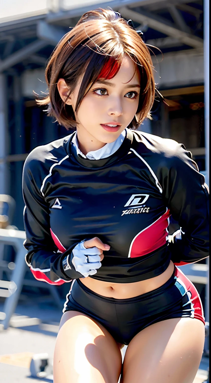 (Best Quality ,16 K, hight resolution, masutepiece:1.2), Ultra-detailed, (Realistic,Photorealistic, Photorealsitic:1.37), Athletic Runner, Beautiful High School Girl, Short bob hair, red blush, stunning light brown hair, glowing light brown eyes, curvy figure, Constricted waist, track and field, Navel Ejection, Blushing, Sweat, Bright sunlight, Looking at the camera,