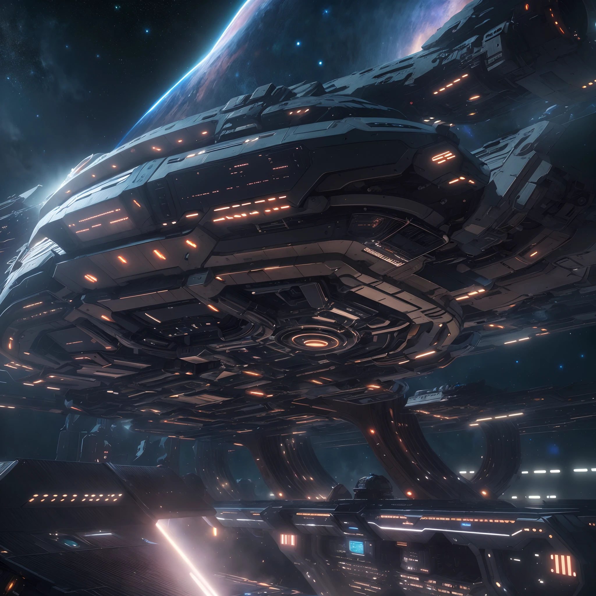 A huge spaceship,full bodyesbian,Solo,Spaceships in the Avengers,seen from outside,(multiple lighting sources:1.5),Detailed hull details,Cosmic galaxy background,Escaped spaceship,((Best quality)), ((Masterpiece)), (Epic composition:1.2), (unreal 5 render:1.1)