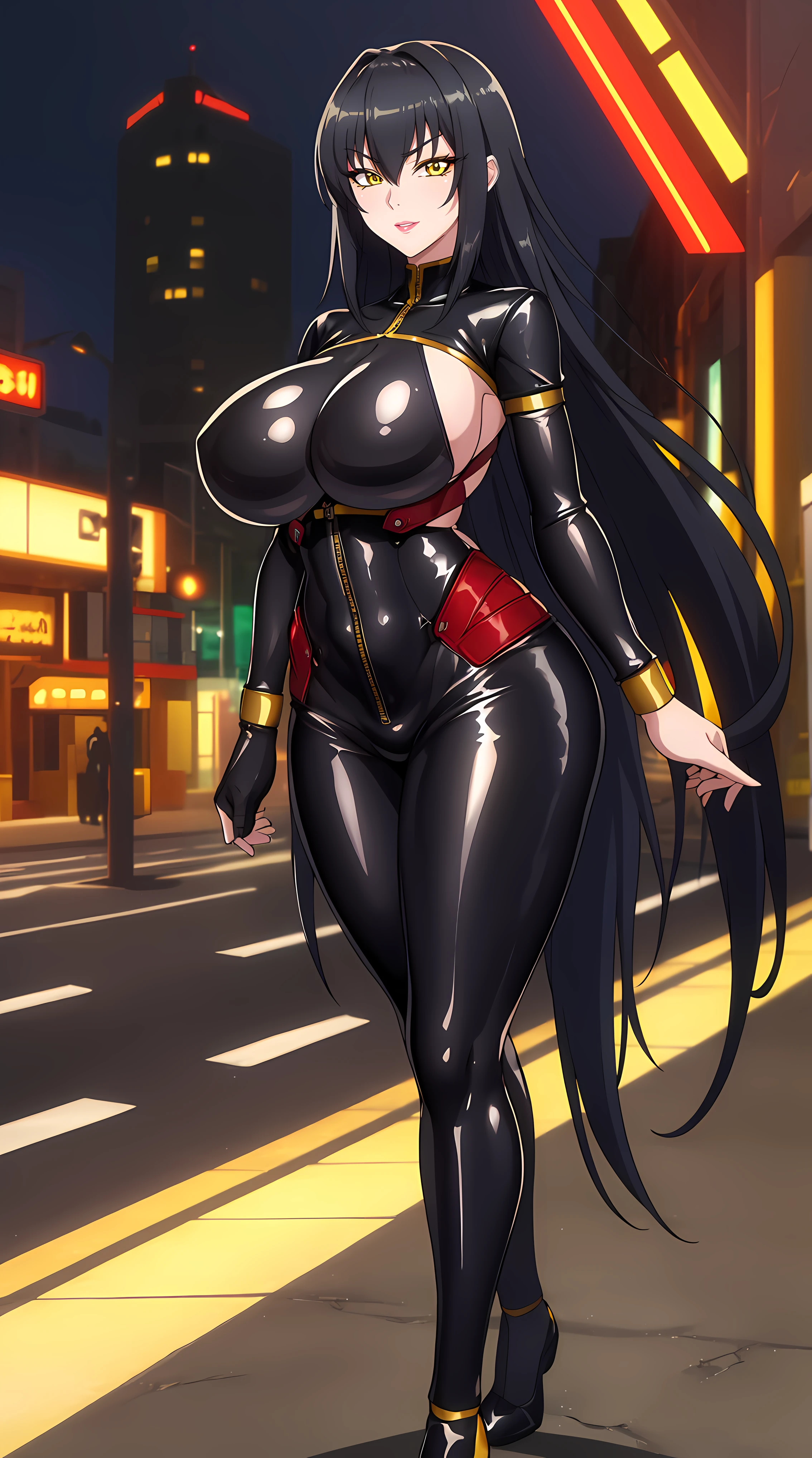 walking on road at midnight background, empty streets,
Standing at attention, Annerose,
black outfit, bodysuit latex,
black_hair,yellow_eyes, long_hair, hair intakes,
1 girl, 35yo,mature female,Beautiful Finger,Beautiful long legs,Beautiful body,Beautiful Nose,Beautiful character design, perfect eyes, perfect face,
looking at viewer, (big_yellow_eyes:1.0),(smug:1.3),
NSFW,official art,extremely detailed CG 8k wallpaper, perfect lighting,Colorful, Bright_Front_face_Lighting,
(masterpiece:1.0),(best_quality:1.0), ultra high res,4K,ultra-detailed,
photography, 8K, HDR, highres, absurdres:1.2, Kodak portra 400, film grain, blurry background, bokeh:1.2, lens flare, (vibrant_color:1.2)
(Beautiful,large_Breasts:1.4), (beautiful_face:1.5),(narrow_waist),