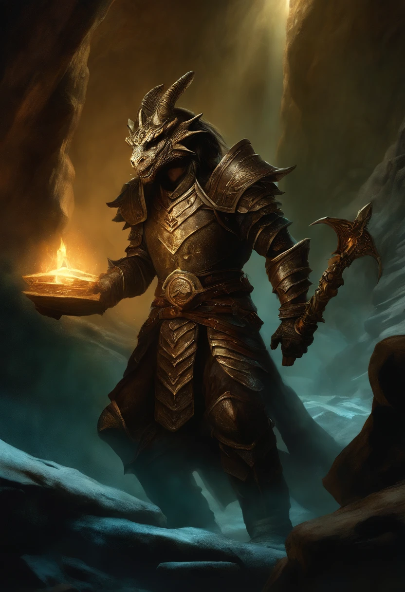 ((("DnD dragonborn"))) adventurer, with scales shimmering in the dimly lit underground chamber, discovers a massive treasure hoard buried deep within the labyrinthine catacombs. The treasure glimmers with ancient allure, and Luis Royo's artistic style is invoked to capture the dragonborn's awe as they stand amidst the glittering riches. The composition should emphasize the dragonborn's majestic presence and the intricate details of the treasure. The lighting should evoke a sense of mystery and grandeur, with soft, ethereal hues. Render this scene in a high-resolution, cinematic format with a wide-angle lens.