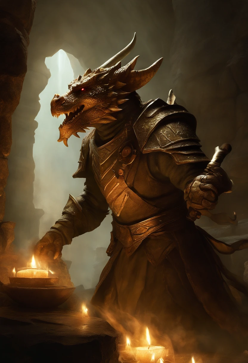 ((("DnD dragonborn"))) adventurer, with scales shimmering in the dimly lit underground chamber, discovers a massive treasure hoard buried deep within the labyrinthine catacombs. The treasure glimmers with ancient allure, and Luis Royo's artistic style is invoked to capture the dragonborn's awe as they stand amidst the glittering riches. The composition should emphasize the dragonborn's majestic presence and the intricate details of the treasure. The lighting should evoke a sense of mystery and grandeur, with soft, ethereal hues. Render this scene in a high-resolution, cinematic format with a wide-angle lens.