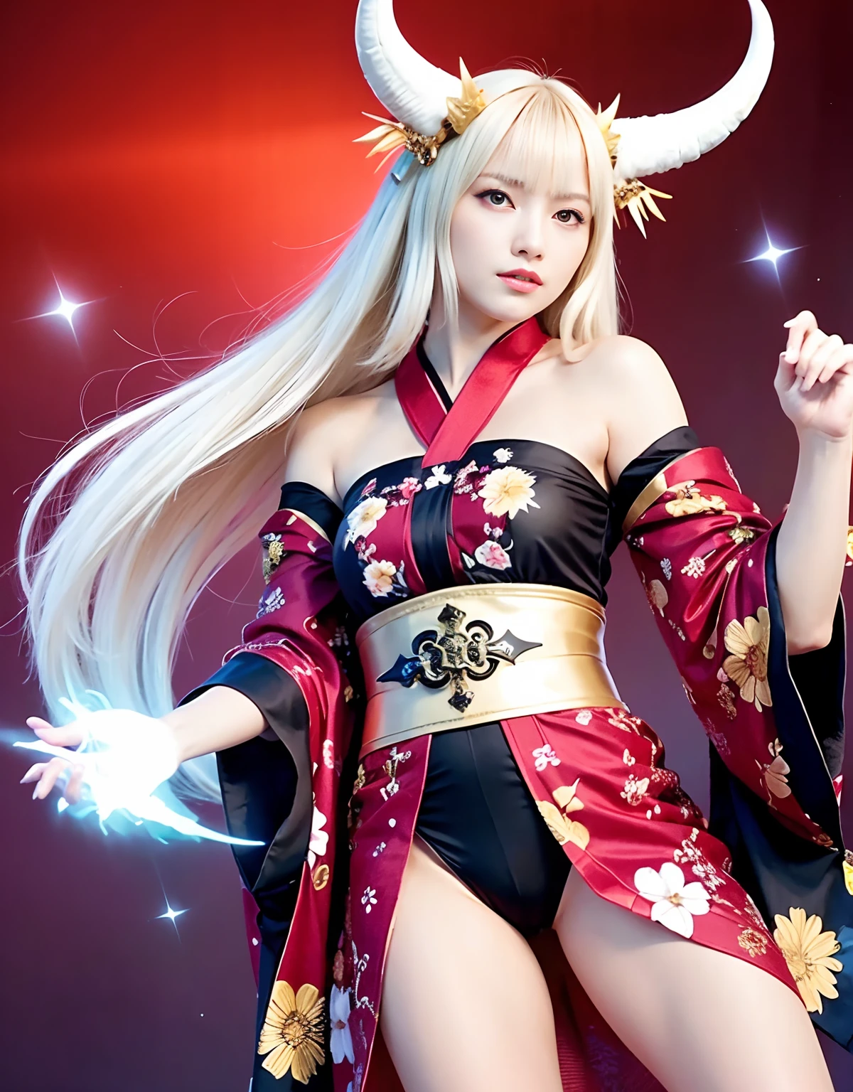((White ghost flies)),Professional , masterpiece、top-quality、photos realistic , depth of fields 、(Various poses)、(Background of cherry blossoms in full bloom),(Ultimate Beauty)、(A dark-haired)、(Fight ninjas)、Mystical expression、(Kimono with scary pattern)、(Night background)、Precipitous cliffs、((Devil's Wings Grow)),(Wear a kimono with a floral pattern),Armpit、(Wearing a colorful and beautiful kimono)、Jewel Gold Weapon、Particles of light),(Has a devil's mask)、Gorgeous gold weapons ,Skeleton population、(( Gorgeous Dragon Sword)) , (a dark night),,(White ghost flies) 、((Black Haired Beautiful Girl))、(Castle background)、(demonic wings)、((Gangle's forest background))、Beautiful Caucasian beauty、1a person、dynamic ungle,(((Two devil's horns on the head)))、Smaller head、Idle Smile、Thin and beautiful female hands、Mystical expression、Light Effects、intense fighting、Wind-effect、magic circles、With the legendary magic wand、Dragon's tail、