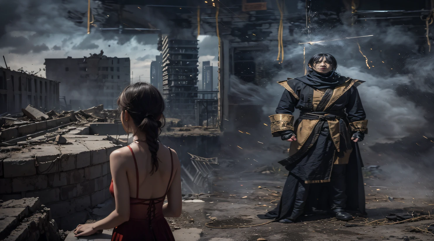facing away from the audience(Doomsday ruins)