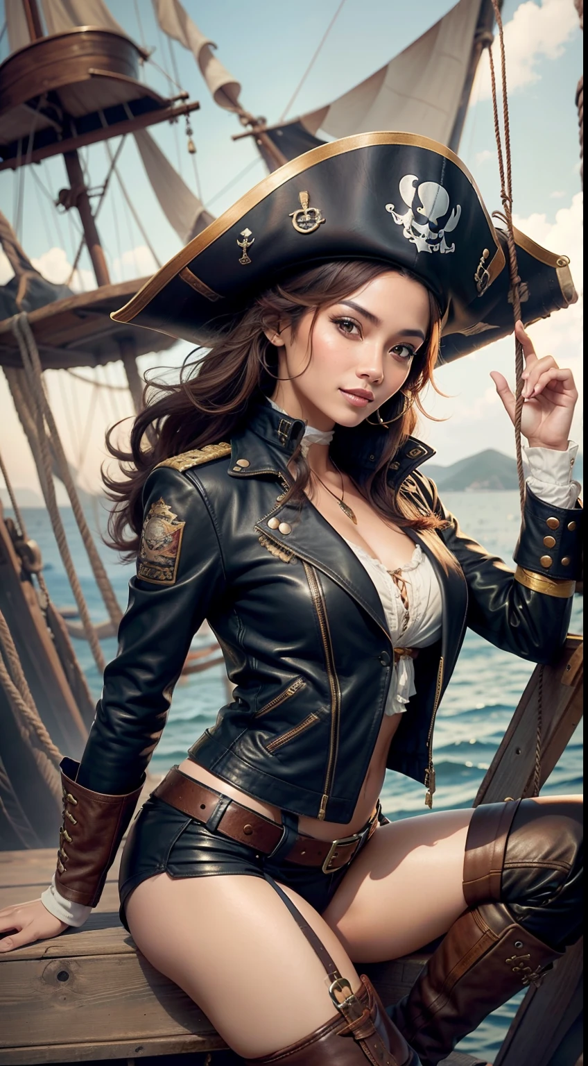Capture the spirit of adventure as the Malay woman transforms into a pirate captain, wearing a weathered leather jacket, tricorn hat, and boots, posed on a pirate ship's deck.