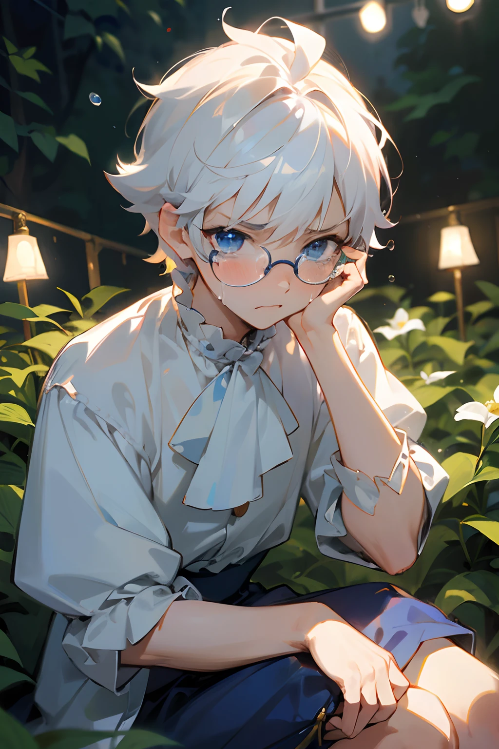 Prince, , short white hair, blue eyes, glasses, crying, very angry, puffy royal shirt, shorts, sitting in the garden, beautiful lights, close up, more blush