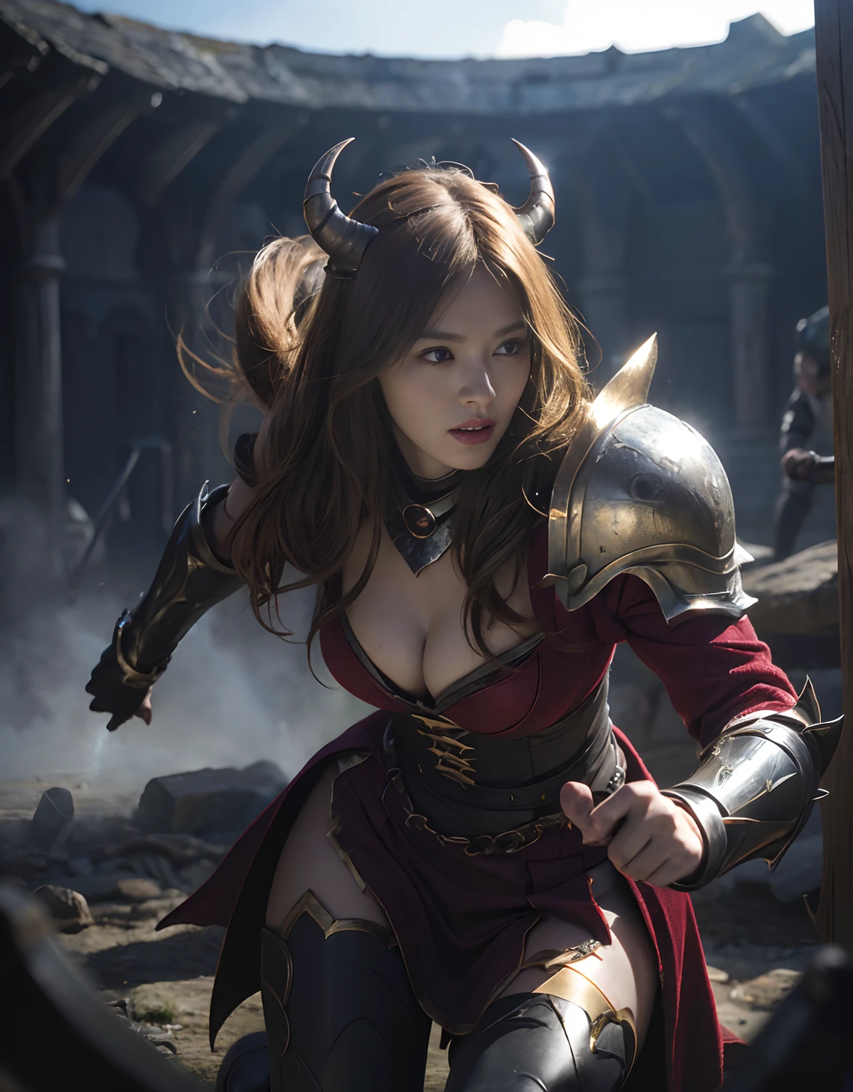 (One Knight Girl)、top-quality、masterpiece、超A high resolution、(Photorealsitic:1.4)、Raw photo、1人、(Wear the Dark Knight's Armor)、glowy skin、(((Dark Fantasy)))、Fight with beautiful swords and shields、(((Mystical expression))),(Gorgeous gold metal body)、(Fight goblins、ogre、Fierce battle with orcs),(Fighting strong enemies)、Fight fiercely、(Background of decaying dungeon ruins)、(Ultimate Beauty)、(Detailed knight's helmet)、(Fighting Demonic Beasts)、(Small LED)、((super realistic details))、portlate、(Strong giant demon beast background),globalillumination、Shadow、octan render、8K、ultrasharp、Colossal tits、Raw skin is exposed in cleavage、metals、Details of complex ornaments、Japan details、highly intricate detail、Realistic light、(Mystical expression),CGSoation Trends、Red Eyes、radiant eyes、Facing the camera)、Gundam、Small LED、Toostock、(Background of the mutation)、(Attack of the Monster Beasts)、Ultimate Beauty、beautiful female knight、Wear colorful armor、Detailed sword、(Wearing legendary armor)、
