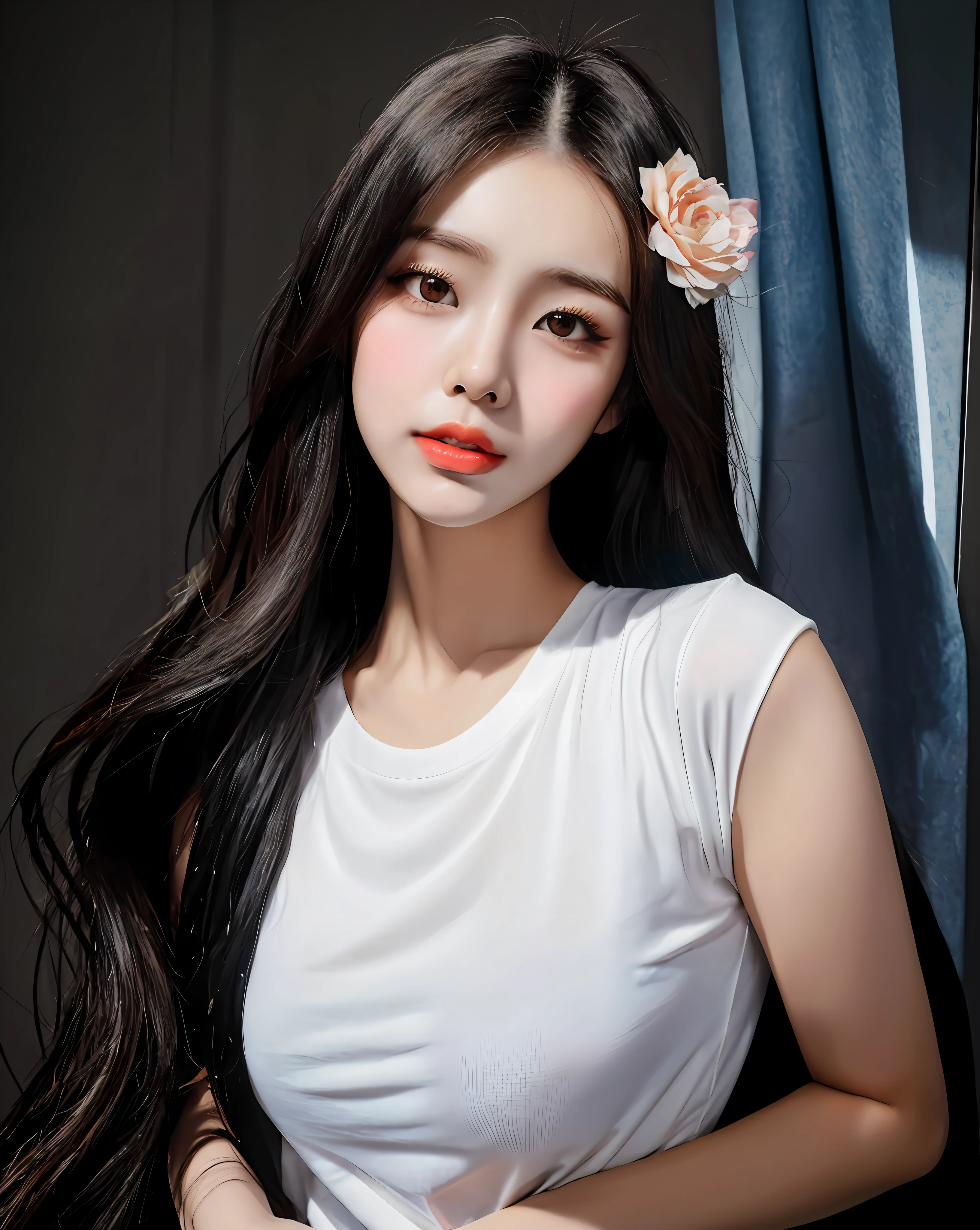 arafed asian woman with long black hair wearing a white shirt, artwork in the style of guweiz, portrait of female korean idol, gorgeous young korean woman, beautiful young korean woman, beautiful south korean woman, korean girl, anime girl in real life, young adorable korean face, guweiz, realistic young girl, ig model | artgerm