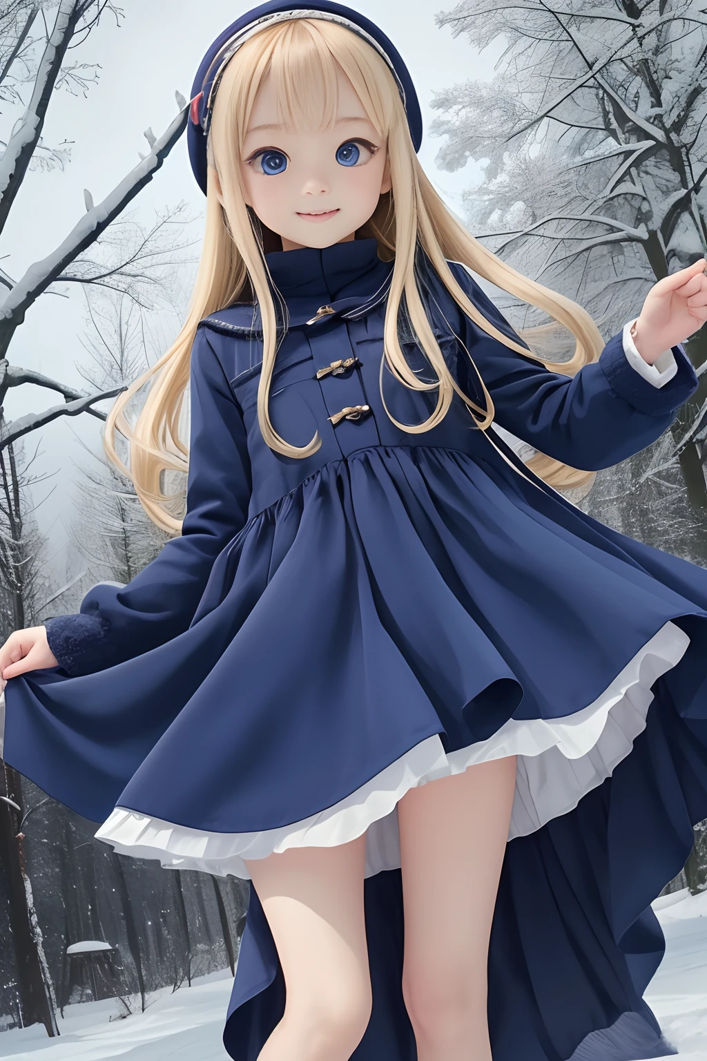 A slight smil、Winter Dresses、Kawaii Girl、Young children、Gamine、Beautiful shape、beautiful countenance、big eye、ren、blonde hair,Pulls the whole body to the legs、realisitic、Standing whole body、Blue Eye